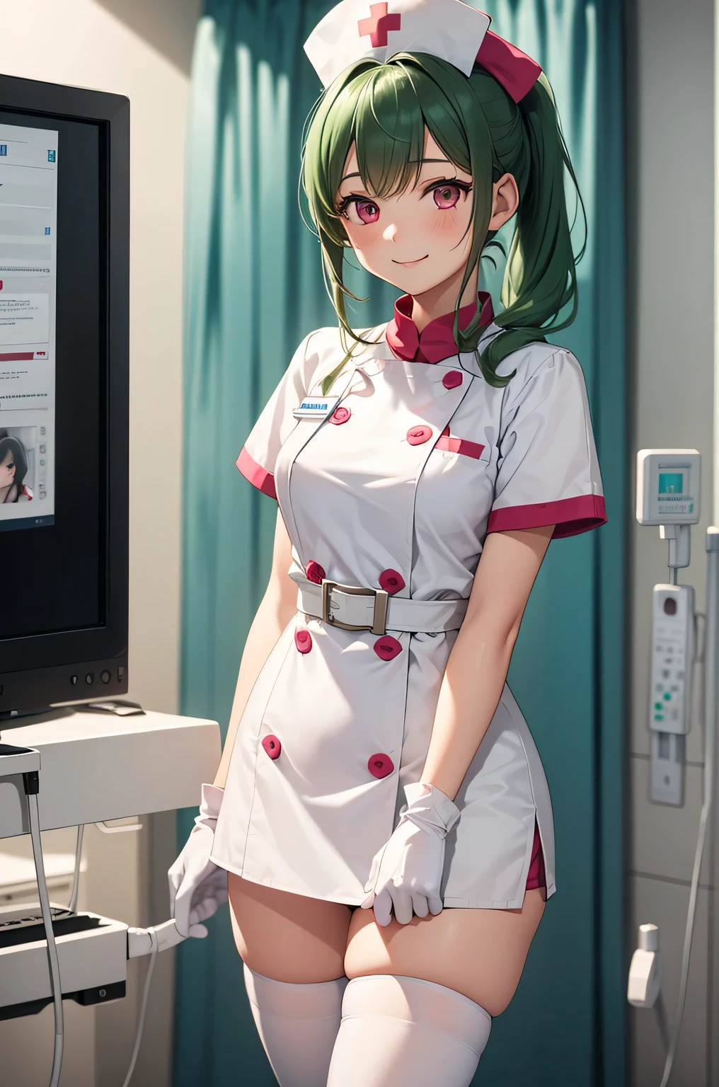 1 girl, alone, nurse, nurse cap, Whiteware, ((white legwear, zettai ryouiki)), white gloves, ponytail, green hair, pink eyes, smile, Are standing, ((hospital room)), sharp outline, short sleeve, highest quality, masterpiece