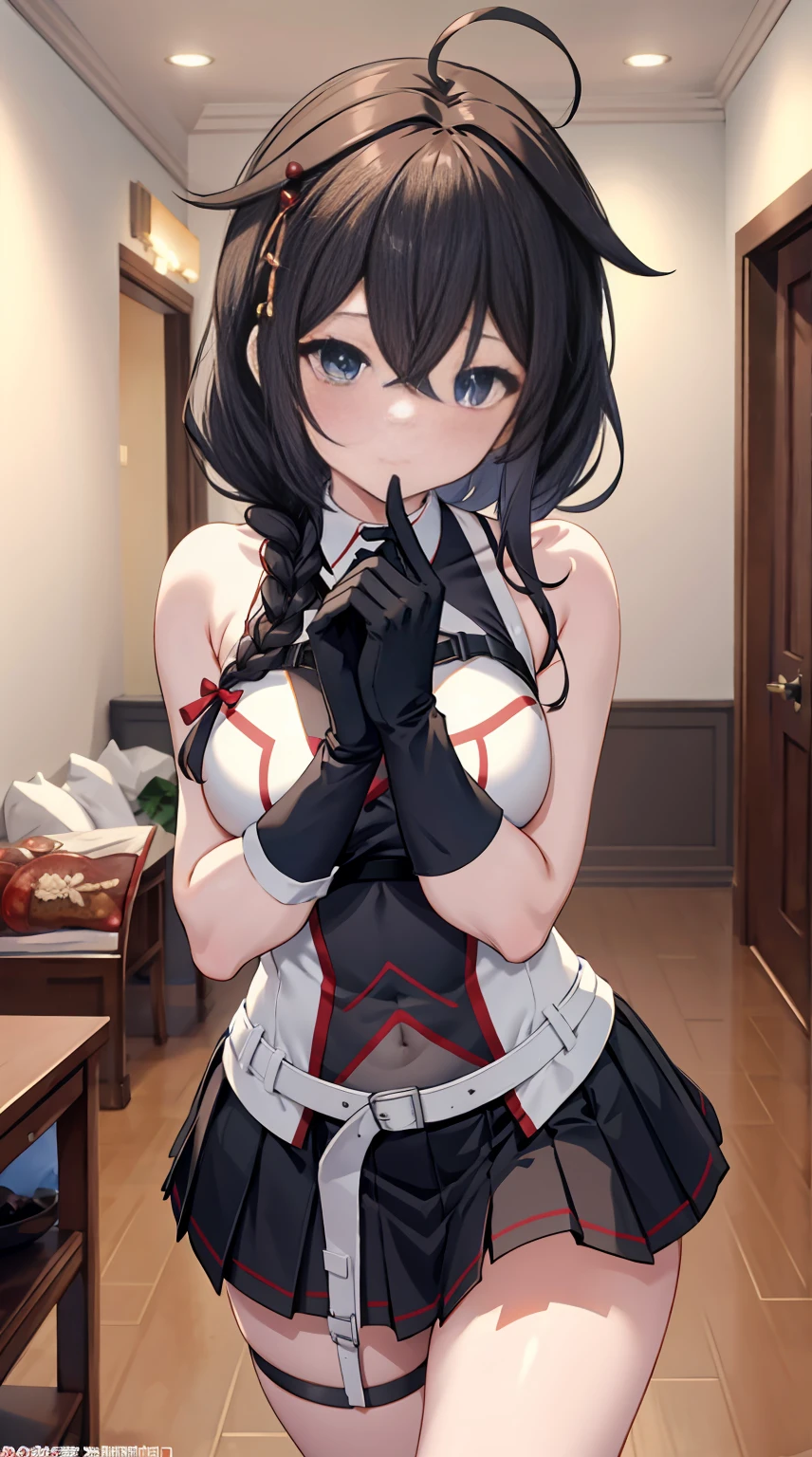 Shigure Kai 3 KanColle Sleeveless Black Thimble Gloves Black Skirt Braid 8K High Resolution Very Fine Eyes Very Fine Face、Insanely detailed body、Extremely fine skin, very elaborate hair ornament, Precisely shaped body and hands 1 person Living room in a private house 妖艶な表情 big bust