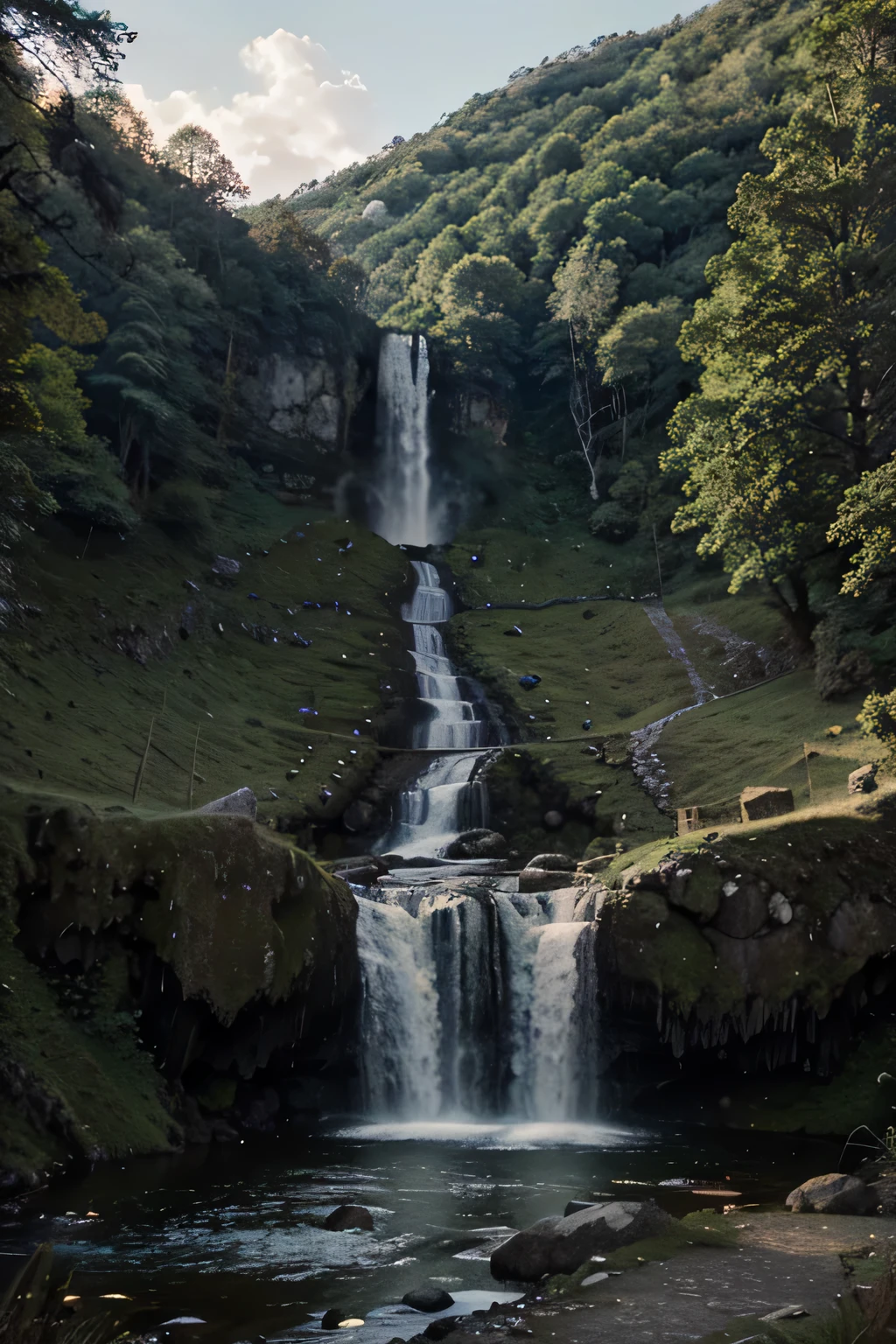 cloud, quiet, stone road and hill with a small waterfall on top, best quality, realistic human face, cinematic lighting, beautiful detailed intricate insanely detailed, beautiful, deer