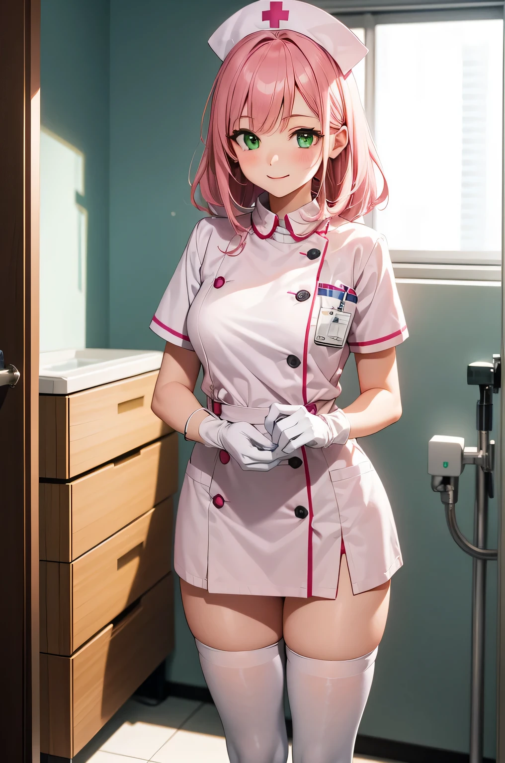 1 girl, alone, nurse, nurse cap, Whiteware, ((white legwear, zettai ryouiki)), white gloves, pink hair, green eyes, droopy eyes, smile, Are standing, ((hospital room)), sharp outline, short sleeve, highest quality, masterpiece