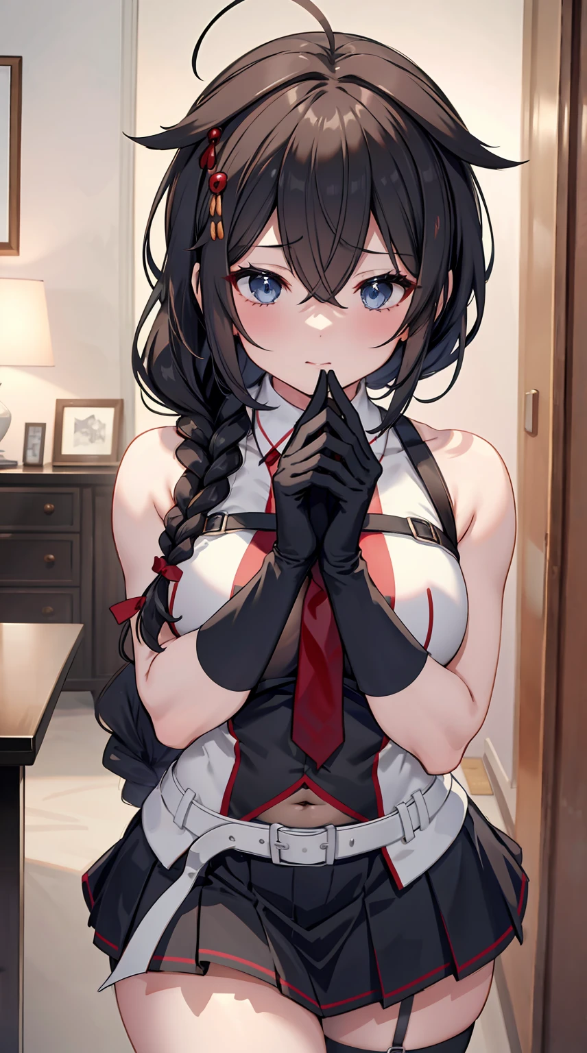 Shigure Kai 3 KanColle Sleeveless Black Thimble Gloves Black Skirt Braid 8K High Resolution Very Fine Eyes Very Fine Face、Insanely detailed body、Extremely fine skin, very elaborate hair ornament, Precisely shaped body and hands 1 person Living room in a private house 妖艶な表情 big bust