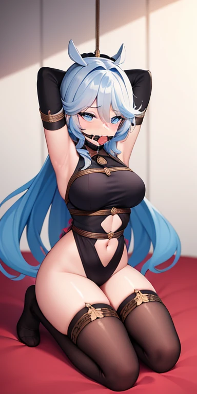 arms behind head, long_hair, looking_at_viewe1girl, sexy, Furina(Genshin Impact), beautiful eyes,, thighhighs, bow, bound, bdsm, bondage, rope, restrained, gag, shibari, bound_arms, ball_gag, shibari_over_clothes