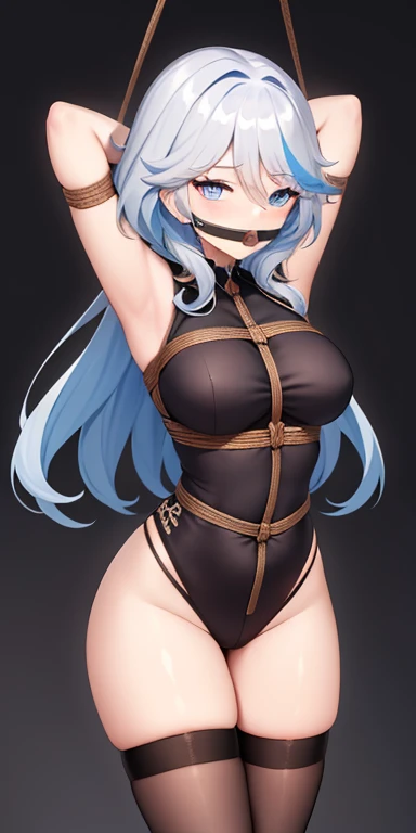 arms behind head, long_hair, looking_at_viewe1girl, sexy, Furina(Genshin Impact), beautiful eyes,, thighhighs, bow, bound, bdsm, bondage, rope, restrained, gag, shibari, bound_arms, ball_gag, shibari_over_clothes