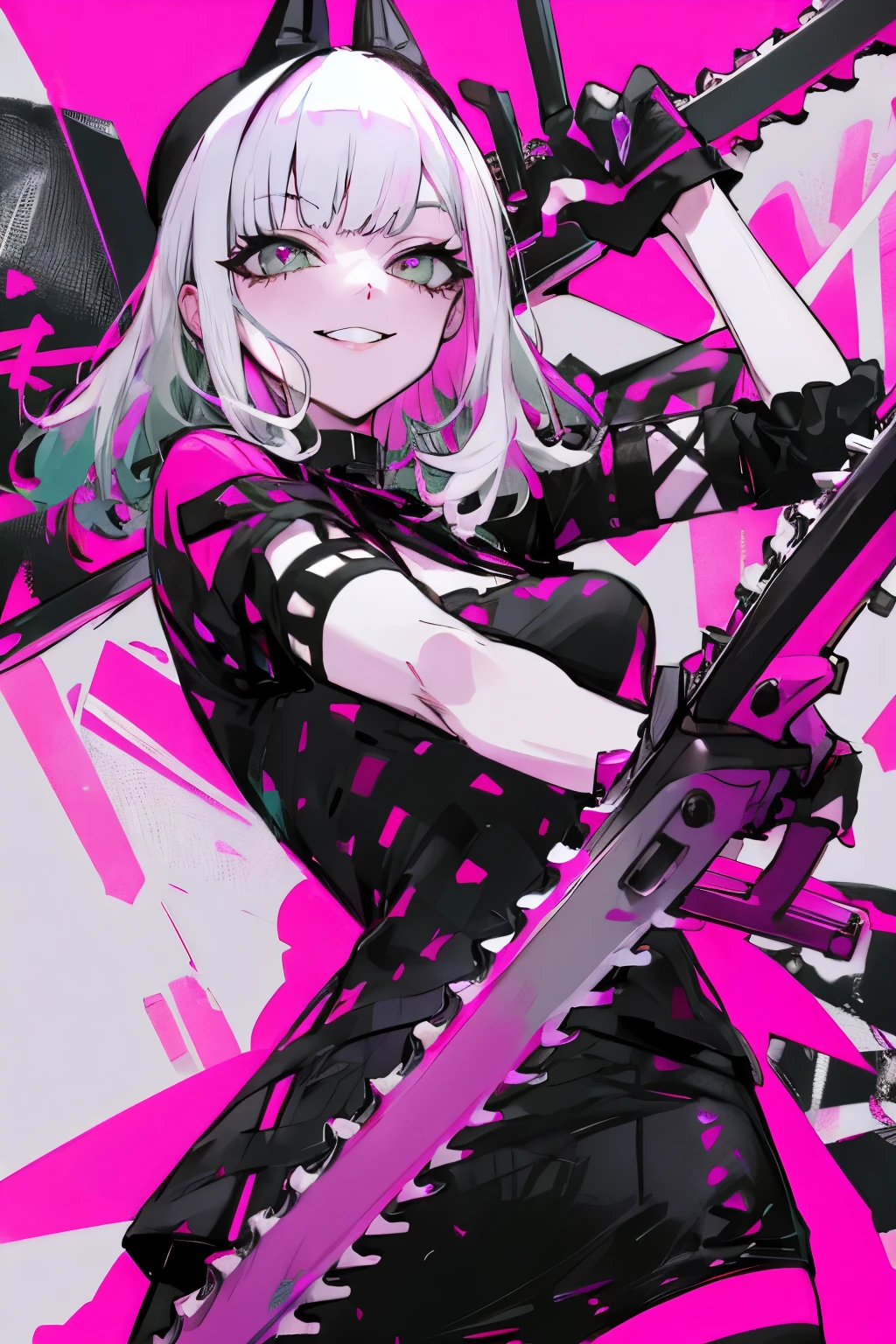 neon chainsaw murderer Carmilla, pastel colors, manic smile, idol show