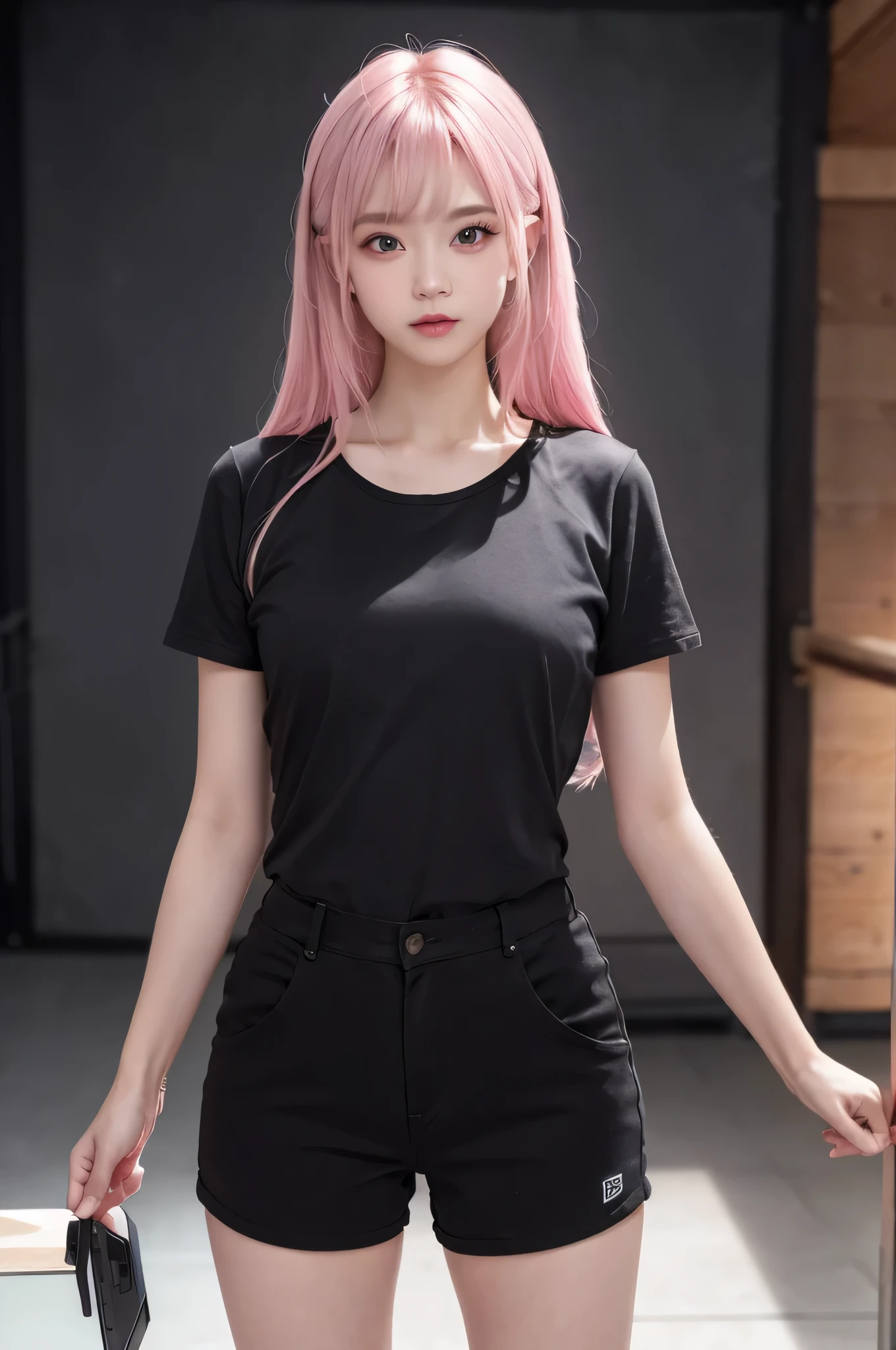 Hyper-realistic 8K CG, perfect face,flawless,allow,masterpiece,professional artwork,famous artwork, perfect face,pretty face,美丽的Eye睛,((perfect female body)),alone,(ring:1.2),(immersive atmosphere,chiaroscuro:1.5,bright light:1.2,sparkling lush:0.5),Charming expressions,extreme details_Eye,Rough and hard,medium bust,beautiful background,depth of field,lifelike:1.3,imagine,1 girl,,fighting stance,full body lesbian,(ambient light:1.3),(film chronology:1.3),(neon lights:0.1),(human development report:0.1),Accent lighting,black shorts,pink haired one,long hair,Black short sleeves