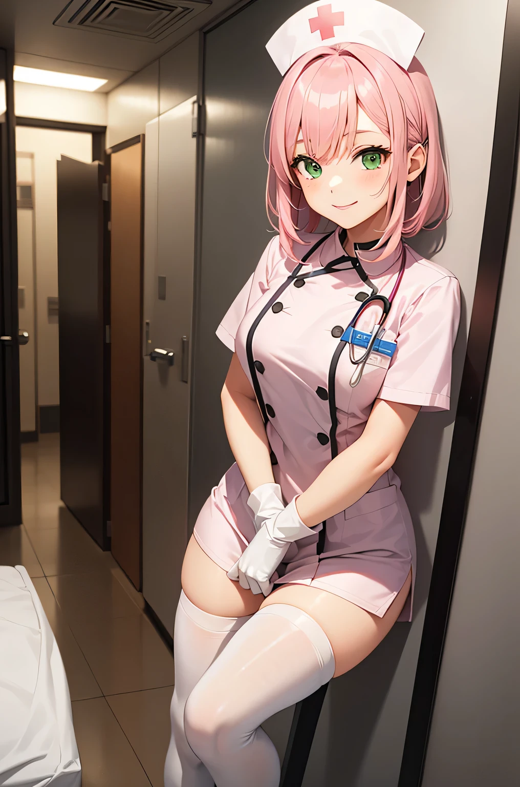 1 girl, alone, nurse, nurse cap, Whiteware, ((white legwear, zettai ryouiki)), white gloves, pink hair, green eyes, droopy eyes, smile, Are standing, ((hospital room)), sharp outline, short sleeve, highest quality, masterpiece