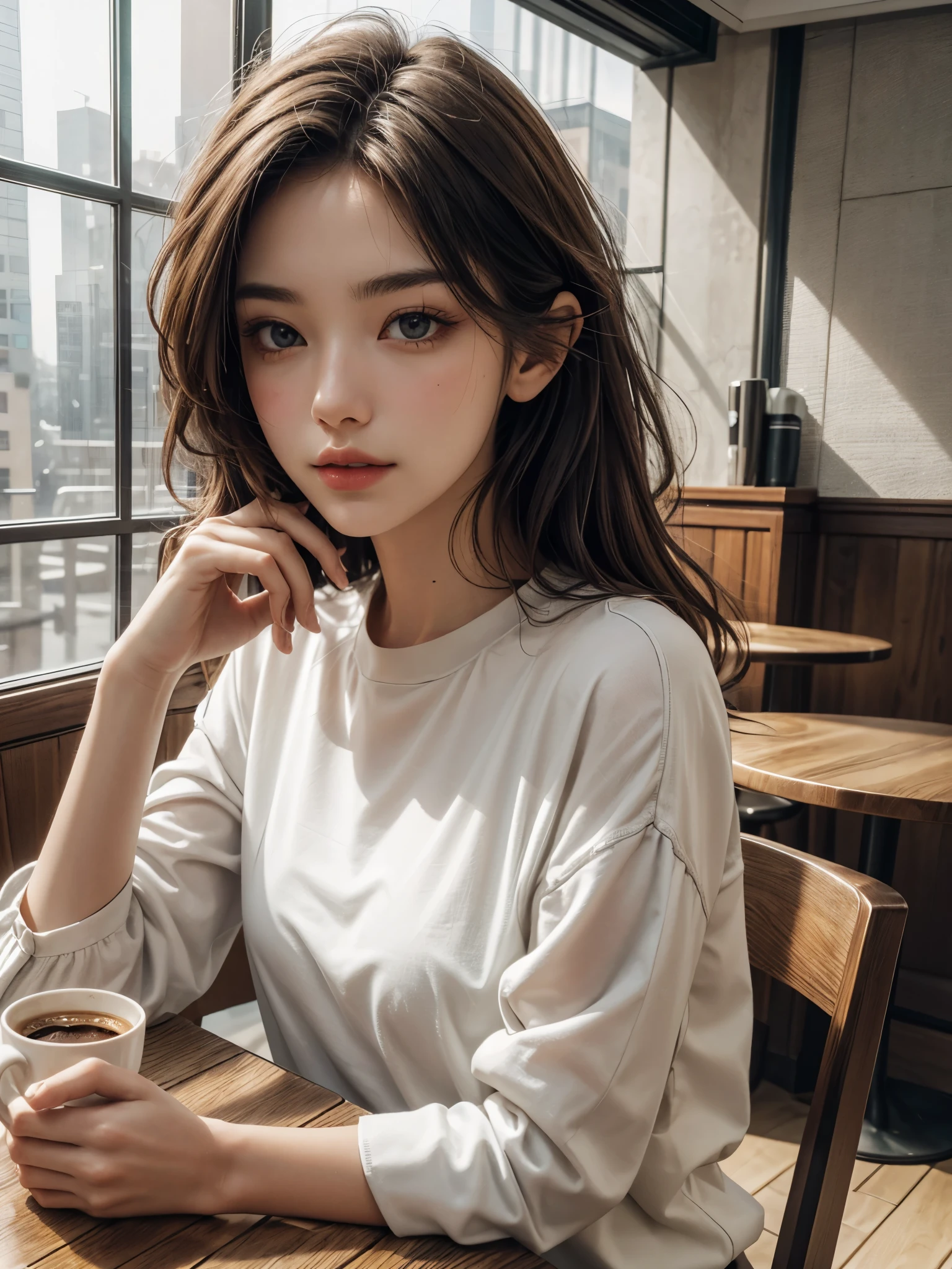 (best quality,highres,ultra-detailed),realistic portrait,beautiful detailed eyes,beautiful detailed lips,white skin,long brown hair,in a cozy cafe,sitting at a table,aesthetic body,wearing a stylish croptop shirt,enjoying a cup of coffee,soft natural lighting,in a relaxed posture,subtle makeup,vivid colors surrounding her,delicate facial features,vibrant and inviting atmosphere.