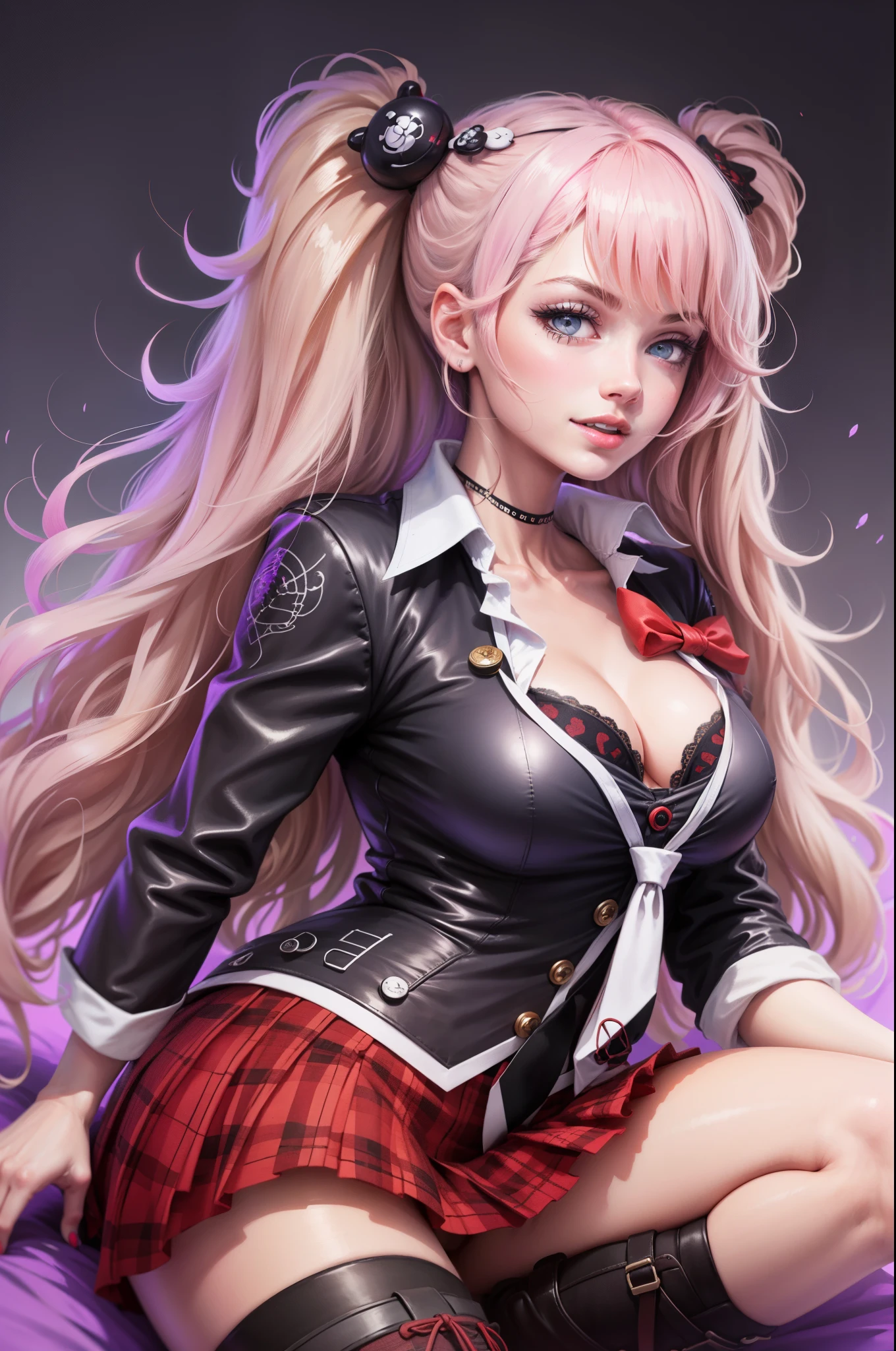 Best Quality, Realistic, Realistic, Award-Winning Illustrations, (Intricate Details: 1.2), (Fine Details), (Intricate Details), (Cinematic Light, Best Quality Backlight), Clear Lines, Sharp Focus, Official Art, Unity 8k Wallpaper, Ridiculous, Incredibly Ridiculous, Fantasy Art, RTX,long hair, 1girl, hair ornament, twintails, solo, breasts, blue eyes, cleavage, bow, bear hair ornament, necktie, blonde hair, smile, bangs, large breasts, looking at viewer, collarbone, shirt, nail polish, red bow, black shirt, underwear, bra, skirt, choker, black bra, sleeves rolled up, white necktie, red nails, open mouth, pleated skirt, red skirt, shiny, teeth, medium breasts, miniskirt, shiny hair, upper body, school uniform, pink hair, boots, upper teeth only, plaid skirt, blush, knee boots, plaid, black footwear, cross-laced footwear, junko enoshima