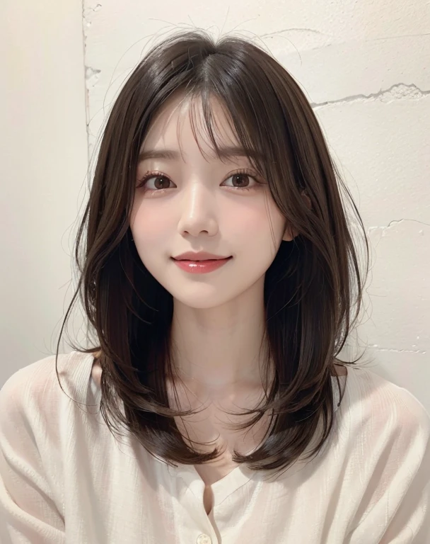 Woman with long hair and blouse posing in photo, middle length hair, shoulder length hair, shoulder length hair, princess cut, medium length hair, with short hair, Wavy shoulder length hair, 白princess cutの髪型, shoulder length black hair, shoulder length hair, shoulder length, black haired, ショートmedium length hair、layer cut、smile