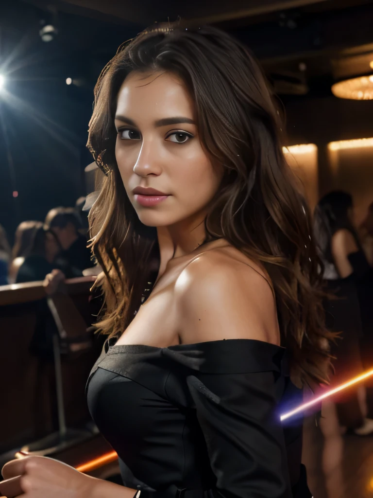best quality,4k,8k,highres,masterpiece:1.2),ultra-detailed,(realistic,photorealistic,photo-realistic:1.37),entire beautiful woman on dancefloor, not much mackup, 28 years old,Dancing girl in tight black dress, not to much ai, no big tis, dancing in the nightclub, laser beams in the background, dj in background, miling woman, long, wavy, brown hair, brown eyes, happy expression, detailed hair strands, happiness, energetic atmosphere, upscale club with laser beams,best quality, UHD, high details, best quality, beautiful face, long oval face, deep cahrming look, deep eyes, cinematic lighting, motion blur, film grain, very detailed, natural wave hair, high-res, masterpiece, best quality, intricate details, highly detailed, realistic skin texture, texture, detailed eyes, professional, 4k,