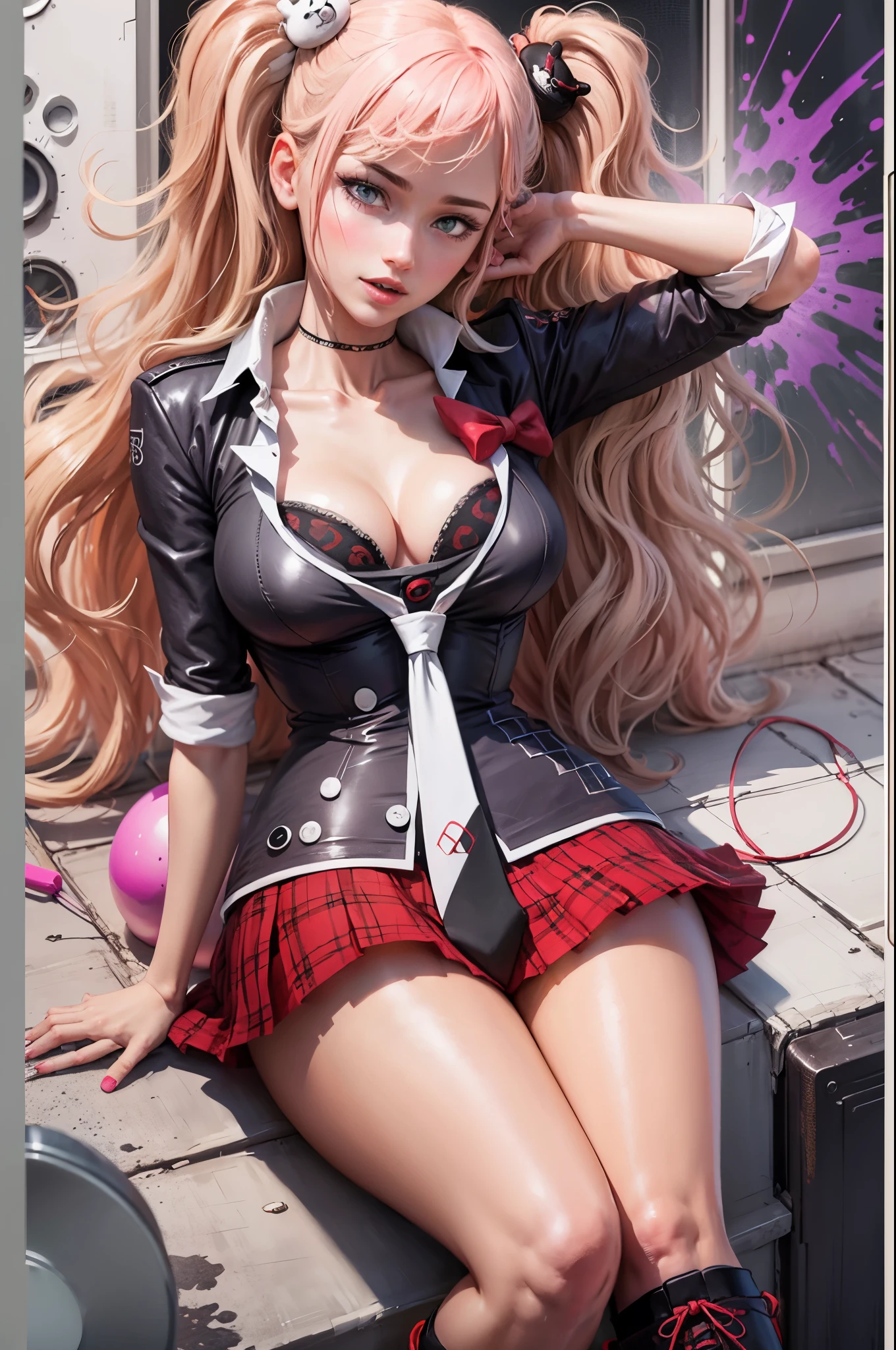 Best Quality, Realistic, Realistic, Award-Winning Illustrations, (Intricate Details: 1.2), (Fine Details), (Intricate Details), (Cinematic Light, Best Quality Backlight), Clear Lines, Sharp Focus, Official Art, Unity 8k Wallpaper, Ridiculous, Incredibly Ridiculous, Fantasy Art, RTX,long hair, 1girl, hair ornament, twintails, solo, breasts, blue eyes, cleavage, bow, bear hair ornament, necktie, blonde hair, smile, bangs, large breasts, looking at viewer, collarbone, shirt, nail polish, red bow, black shirt, underwear, bra, skirt, choker, black bra, sleeves rolled up, white necktie, red nails, open mouth, pleated skirt, red skirt, shiny, teeth, medium breasts, miniskirt, shiny hair, upper body, school uniform, pink hair, boots, upper teeth only, plaid skirt, blush, knee boots, plaid, black footwear, cross-laced footwear, junko enoshima