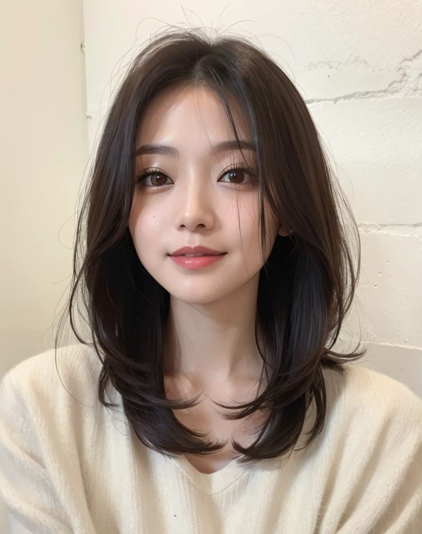 Woman with long hair and blouse posing in photo, middle length hair, shoulder length hair, shoulder length hair, princess cut, medium length hair, with short hair, Wavy shoulder length hair, 白princess cutの髪型, shoulder length black hair, shoulder length hair, shoulder length, black haired, ショートmedium length hair、layer cut、smile