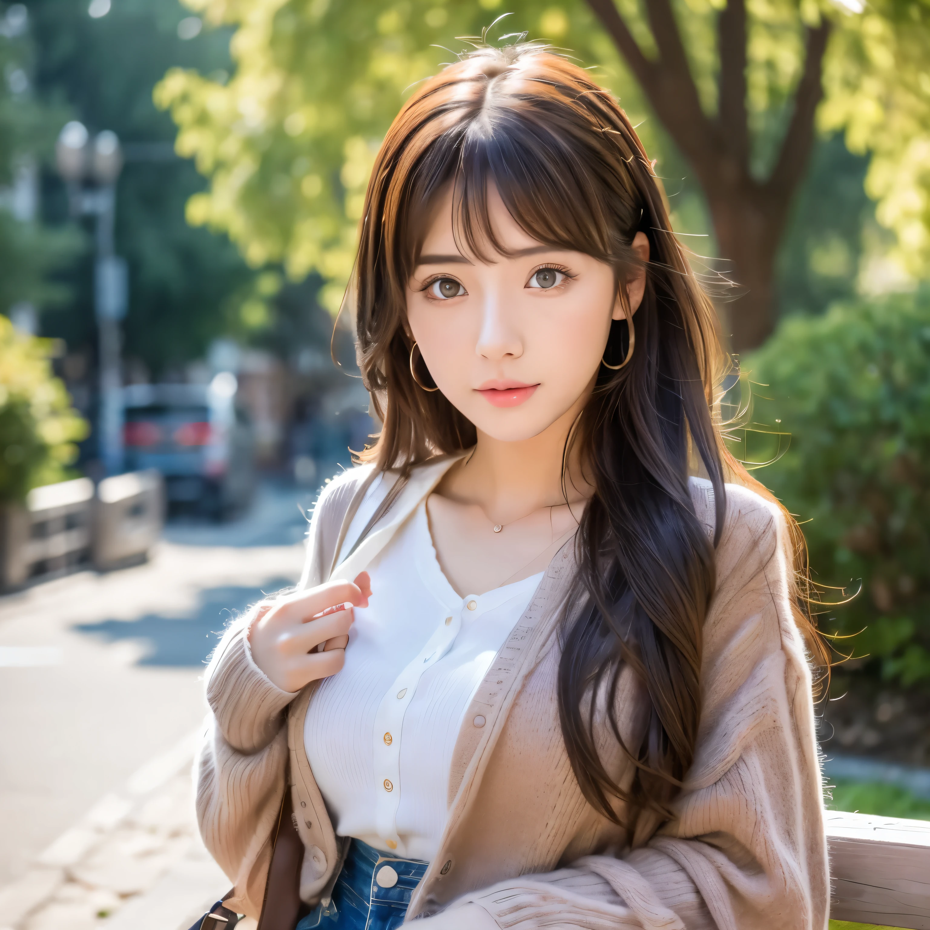 (high quality, 4K, HDR) girl、big breasts、cute、Rough style with pants style、big eyes and medium long hair、whole body
