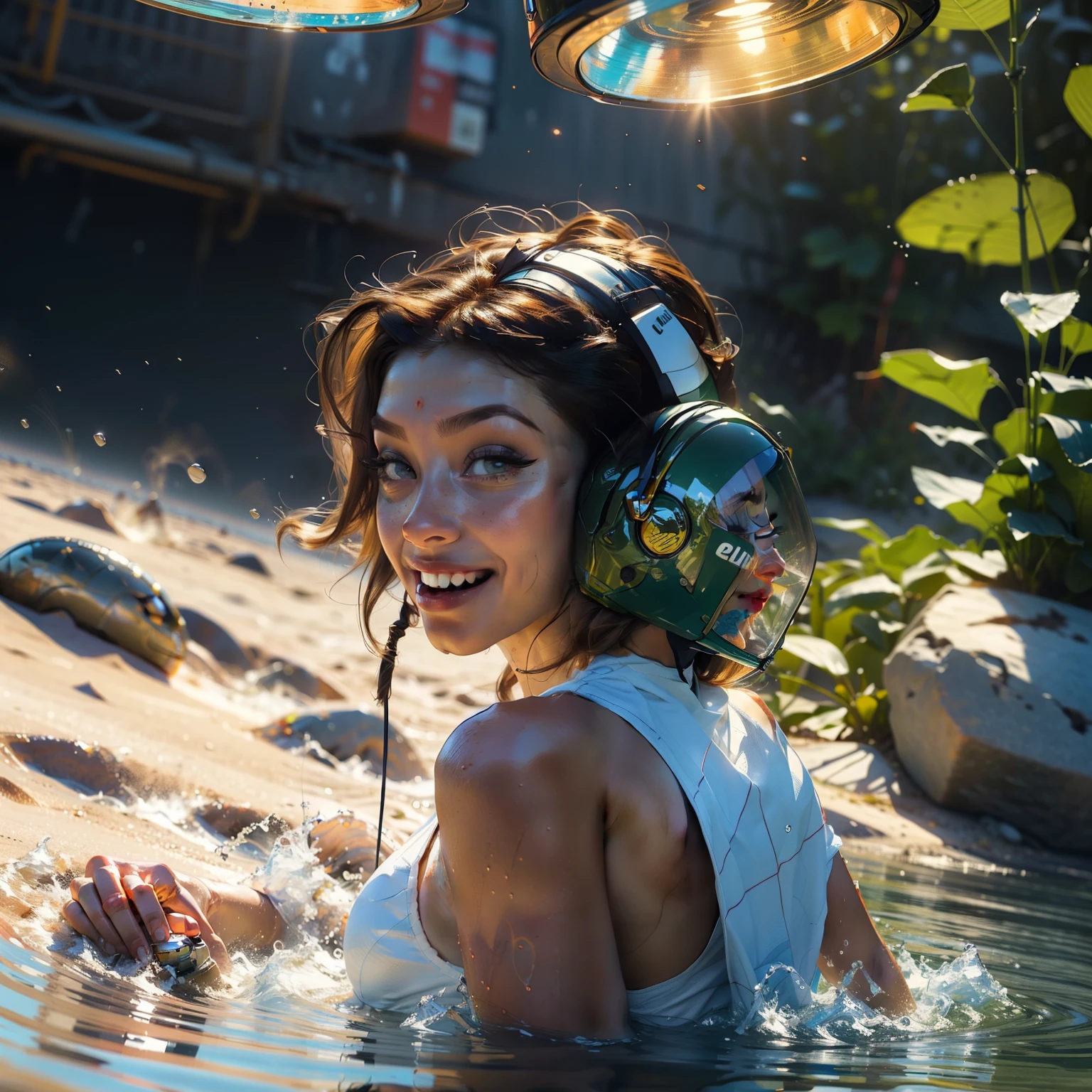 Astronaut style white and gold trim bikini (breast) and clear helmet, with a group of soldiers behind her, beautiful sci-fi art, beautiful smile, Girl is half way submerged in a small pool of water, Girl is wearing Hightech headphones, Girl has her eyes closed, waiting for a kiss, turning and looking at the camera, space warrior, sunrise over solar punk city, stoner rock, mars invasion, epic album art cover, sexy movie photo, cinemascope panorama, high stylized and 1940’s poster, cosmic style, 8k cinematic, golden ratio, cosmic mayhem, light particles, wet look, golden hour, realistic, masterpiece, highest quality, lens flare, shade, bloom, [[chromatic aberration]]