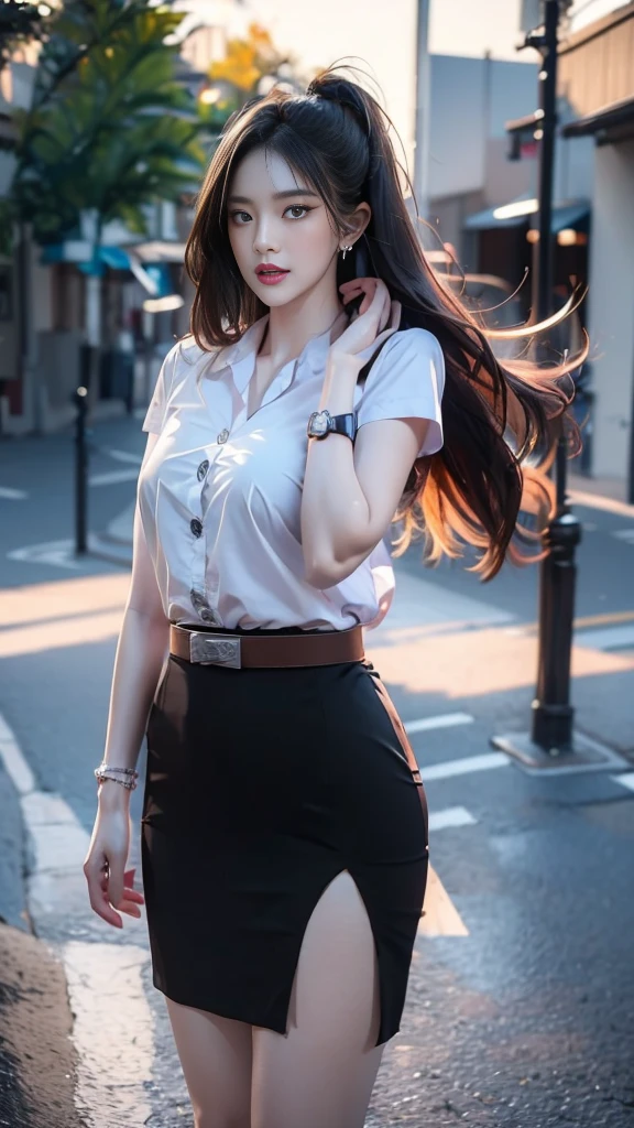 ผู้หญิงไทยที่charming, charming, charmingน่าหลงใหล, Beautiful makeup, Bright red lips, ผมblack, long hairมาก, straight hair, long hair, The wind is blowing, Beautiful Woman, The texture is realistic., elegant, big girl, dynamic gesture, เสื้อเชิ้ตแขนshortสีขาว เสื้อบางและมองเห็นผิวSkinได้, The chest is clearly visible., Huge breasts, Seeing the chest mound., You will see a pile of milk., Breast augmentation, pencil skirt, Skin, black, short, women belt, Student Belt, Symmetrical shape, sexy figure, รองเท้าส้นสูงblackสนิท, earring, Put on a watch, women&#39;s jewelry, full body photo, Look at every part of the body., university backdrop