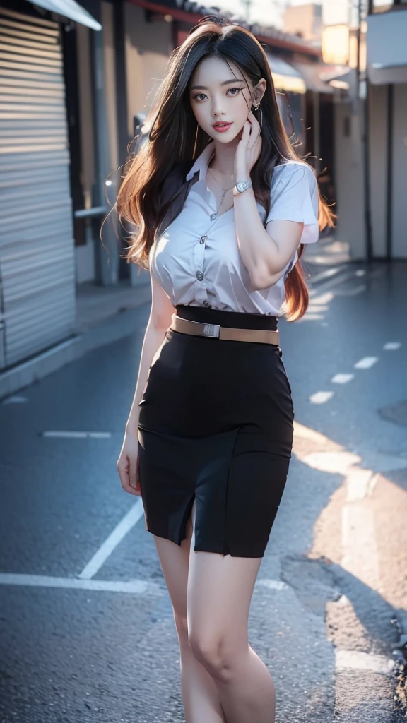 ผู้หญิงไทยที่charming, charming, charmingน่าหลงใหล, Beautiful makeup, Bright red lips, ผมblack, long hairมาก, straight hair, long hair, The wind is blowing, Beautiful Woman, The texture is realistic., elegant, big girl, dynamic gesture, เสื้อเชิ้ตแขนshortสีขาว เสื้อบางและมองเห็นผิวSkinได้, The chest is clearly visible., Huge breasts, Seeing the chest mound., You will see a pile of milk., Breast augmentation, pencil skirt, Skin, black, short, women belt, Student Belt, Symmetrical shape, sexy figure, รองเท้าส้นสูงblackสนิท, earring, Put on a watch, women&#39;s jewelry, full body photo, Look at every part of the body., university backdrop