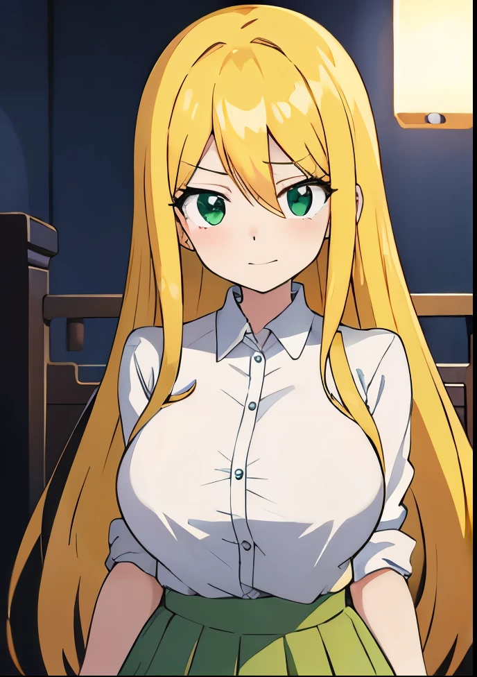 Close-up of a girl wearing a white dress shirt and green skirt, anime girl, solo, blonde girl, Green-eyed girl, female anime character, big breasts, with large breasts, as an anime character, anime character, Anime visuals of girls, Knight of Sodiak Girl, , in an animated movie, upper body only, classic shoujo, Hymn of the King as a Princess,