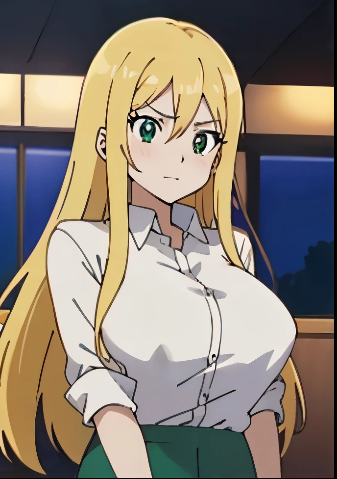 Close-up of a girl wearing a white dress shirt and green skirt, anime girl, solo, blonde girl, Green-eyed girl, female anime character, big breasts, with large breasts, as an anime character, anime character, Anime visuals of girls, Knight of Sodiak Girl, , in an animated movie, upper body only, classic shoujo, Hymn of the King as a Princess,