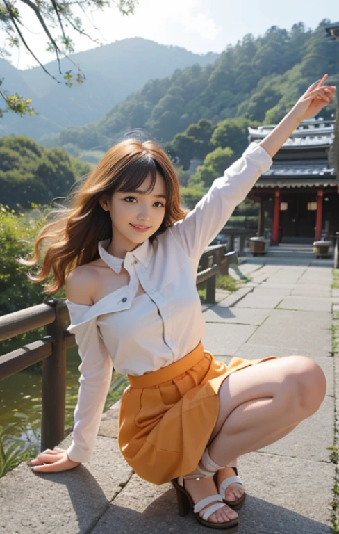 highest quality、masterpiece、ultra high resolution、Photoreal、RAW photo、1 girl、sexy look、hair over shoulders、The lower half is curled and sauvage、cute smile like a model、frontage、Hair color is blonde、Orange tight mini skirt、Ordinary high heels、eyes are double、wear mascara、Cute pose like a model、pretty face、Gorgeous like a model、ultimate beauty、cute smile、bright smile、Masseter muscle part、highest quality、clothes suitable for winter、trendy down jacket、The scenery in the background is Dazaifu Tenmangu Shrine、