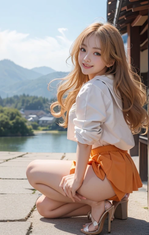 highest quality、masterpiece、ultra high resolution、Photoreal、RAW photo、1 girl、sexy look、hair over shoulders、The lower half is curled and sauvage、cute smile like a model、frontage、Hair color is blonde、Orange tight mini skirt、Ordinary high heels、eyes are double、wear mascara、Cute pose like a model、pretty face、Gorgeous like a model、ultimate beauty、cute smile、bright smile、Masseter muscle part、highest quality、clothes suitable for winter、trendy down jacket、The scenery in the background is Dazaifu Tenmangu Shrine、