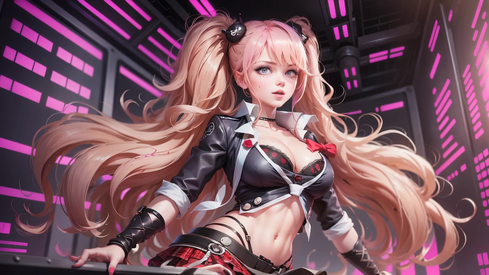 Best Quality, Realistic, Realistic, Award-Winning Illustrations, (Intricate Details: 1.2), (Fine Details), (Intricate Details), (Cinematic Light, Best Quality Backlight), Clear Lines, Sharp Focus, Official Art, Unity 8k Wallpaper, Ridiculous, Incredibly Ridiculous, Fantasy Art, RTX,long hair, 1girl, hair ornament, twintails, solo, breasts, blue eyes, cleavage, bow, bear hair ornament, necktie, blonde hair, smile, bangs, large breasts, looking at viewer, collarbone, shirt, nail polish, red bow, black shirt, underwear, bra, skirt, choker, black bra, sleeves rolled up, white necktie, red nails, open mouth, pleated skirt, red skirt, shiny, teeth, medium breasts, miniskirt, shiny hair, upper body, school uniform, pink hair, boots, upper teeth only, plaid skirt, blush, knee boots, plaid, black footwear, cross-laced footwear, junko enoshima