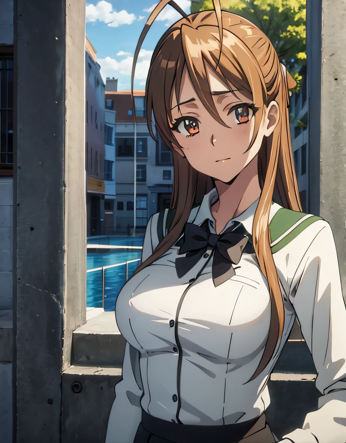 High resolution, disorganized,Rei Miyamoto, school uniform,closed mouth,(big breasts:1.5),looking at the viewer,Are standing,((masterpiece)),((highest quality)),perfect anatomy,8K UHD,highly detailed face,luster and luster,((1 girl)),((alone)),(beautiful and fine eyes:1.5),perfect image,(Upper body:1.1),(look ahead:1.1),turn your arms behind your back,slim waist,shiny hair,outdoor,brown hair,