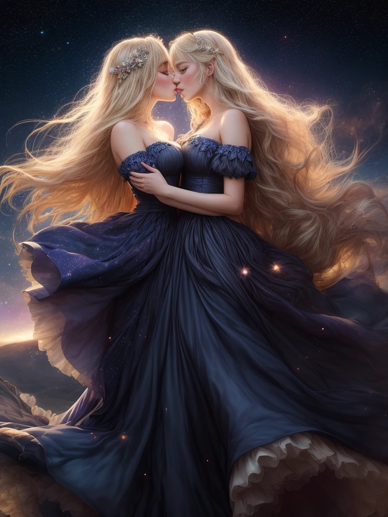 (best quality, masterpiece), young woman, pose, particle, wind, flower, upper body, night eclipse background, looking at viewer, long straight windblown blonde hair, detailded blue eyes, medieval princess blue dress, galaxy, backlit, rimlight, beautiful artwork, perfect composition, (2girls, cheek to cheek, kiss:1.2)