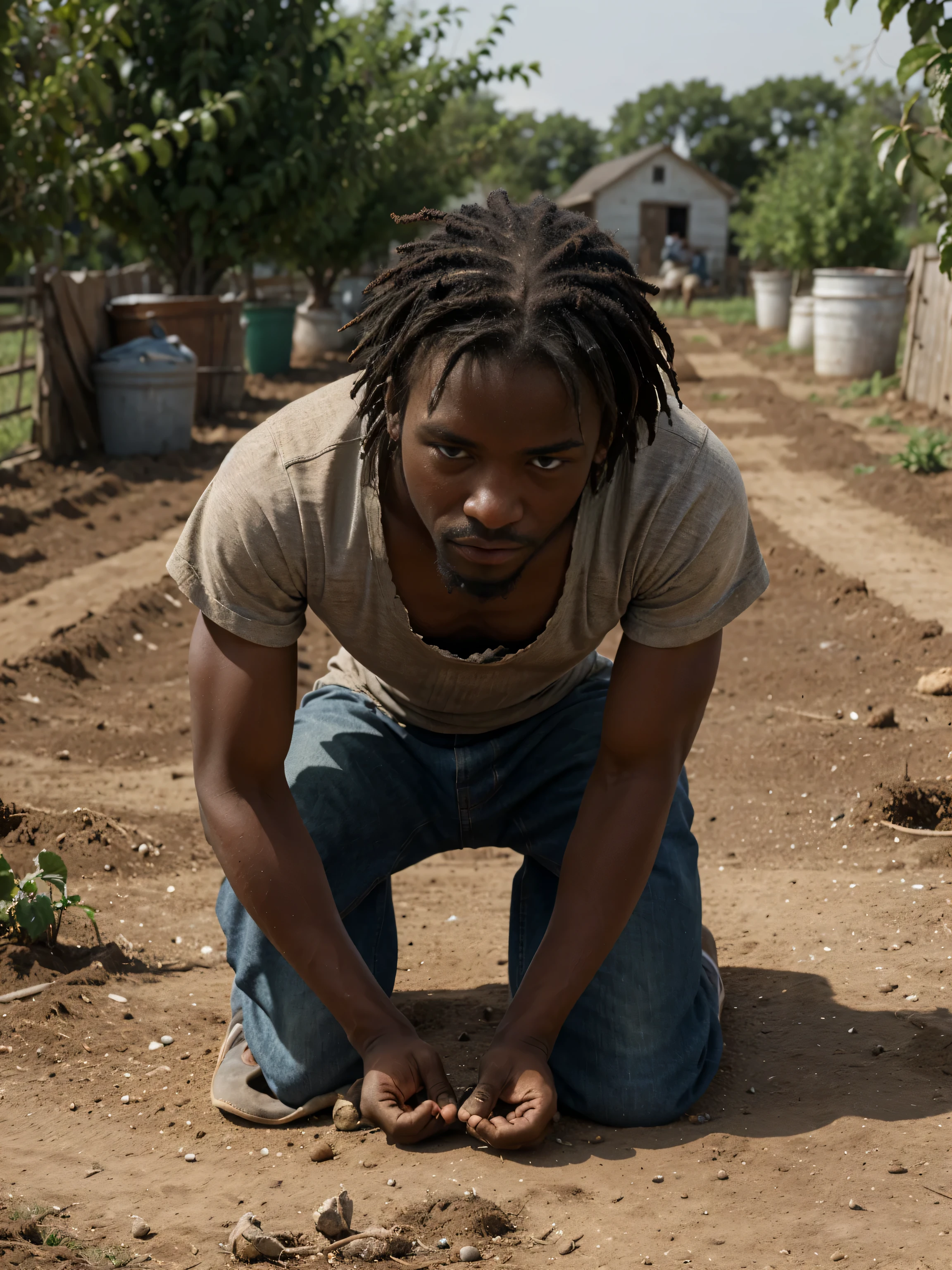 Black man slave in 17th century wairing a dirty clothes and working in a farm and bending down to the ground for picking a plant , reases his head and looking a sad look to the camera , ultra high detailed , normal angle camera frame , octale render high resolution , sad and tired.