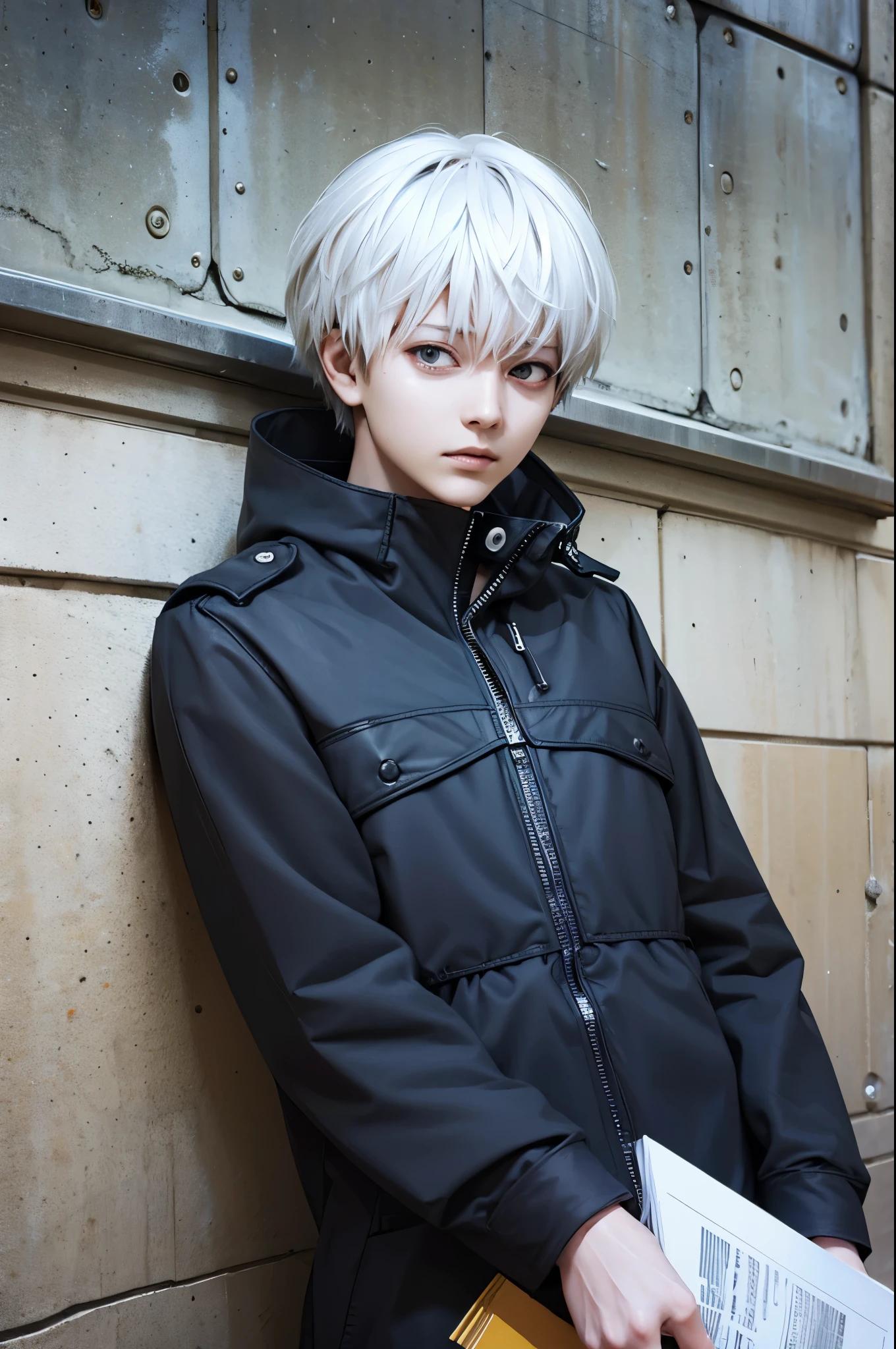 Kaneki Ken, con su cabello blanco, con un parche en su ojo izquierdo, caminando por la ciudad de Tokio, Super realistic photography, obra maestra, la mejor calidad, full HD, 8k