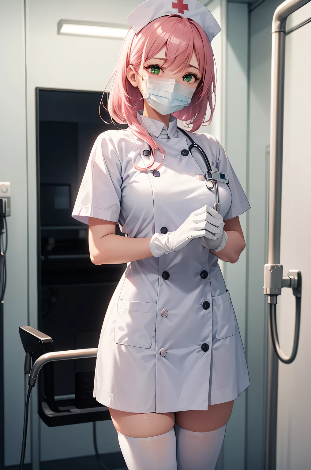 1 girl, alone, nurse, nurse cap, Whiteware, ((white legwear, zettai ryouiki)), white gloves, pink hair, green eyes, droopy eyes, ((White surgical mask, Covered nose)), Are standing, ((hospital room)), sharp outline, short sleeve, highest quality, masterpiece