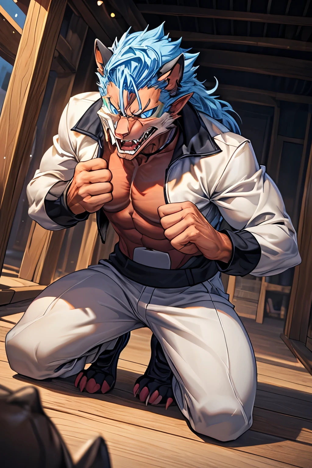 masterpiece,best quality,studio lighting,confident pose,glowing eyes,perfect face,perfect hands,detailed nose, detailed eyes,realistic colors,Grimmjow,resurrección form,(long hair),light blue hair,(((black feral clawed paws))), blue eyes,elven ears,wild,(male),grin,angry look,white bodysuit with black collar,humanoid face,panther-like