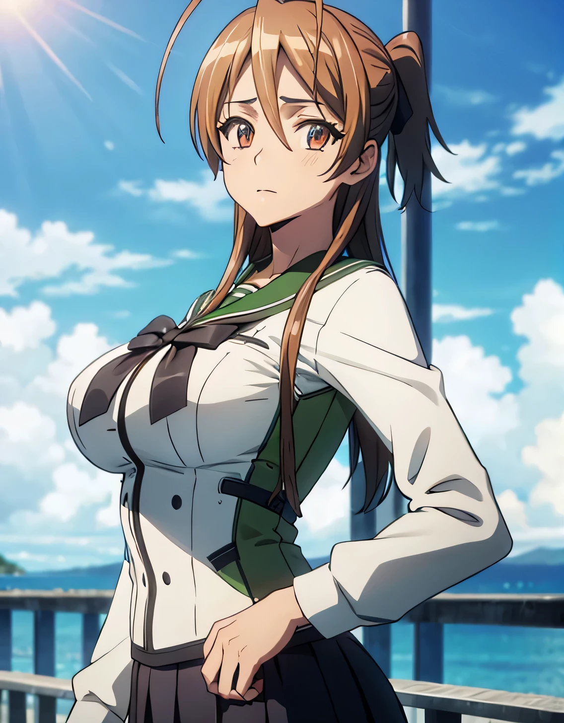 High resolution, disorganized,Rei Miyamoto, school uniform,closed mouth,(big breasts:1.5),looking at the viewer,Are standing,((masterpiece)),((highest quality)),perfect anatomy,8K UHD,highly detailed face,luster and luster,((1 girl)),((alone)),(beautiful and fine eyes:1.5),perfect image,(Upper body:1.1),(look ahead:1.1),turn your arms behind your back,slim waist,shiny hair,outdoor,brown hair,