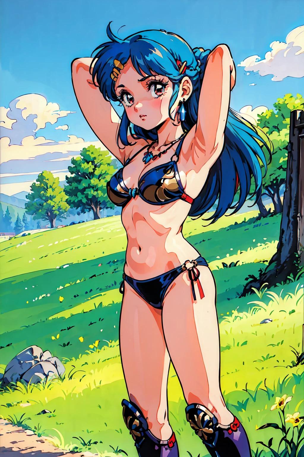 "(masterpiece:1.1), best quality,
1girl, (traditional media 80s:1.4), (eyelashes:1.5), (loli:1.2),
(intricate high detailed body:1.2),
(purple hair:1.1), (forehead, hair slicked back:1.2), (long hair, drill hair:1.2), (hair ribbon:1.1),
purple eyes, (lip stick:1.2),
(pale skin:1.2), (gigantic breasts:1.5),
(grin:1.2), open mouth,
(strapless bikini armor:1.2), (knight armor, armored boots:1.2),
(streaked hair:1.2), neckwear,
standing, (dynamic pose, action pose:1.2),
(upper body, cowboy shot, looking at viewer:1.1),
(daytime, grassland, outdoors:1.1)"