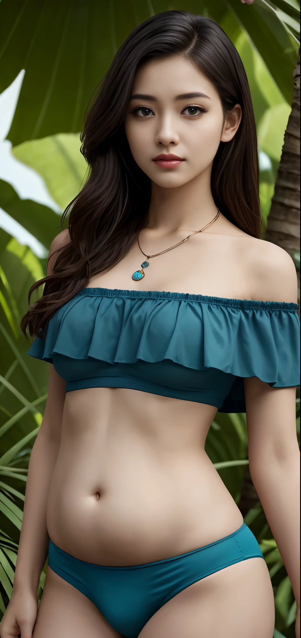 best quality, masterpiece, high resolution, 1 girl, Aqua-colored eyes, black hair, closed mouth, multicolored background, looks at the viewer, exteriors, upper-body, winning, clean, beatiful face, Face Clean, pale skin, sexypose,(( topic , off-shoulder, bellybutton, briefs)), hairlong, ((perfect female figure)) Jisoo, seductive, Very detailed, Original, extremely detailed, ,beautifully detailed eyes, hair ornament, necklace, ornaments, beautiful face, on body, Tyndall effect, Photorealistic, An oasis in the jungle,