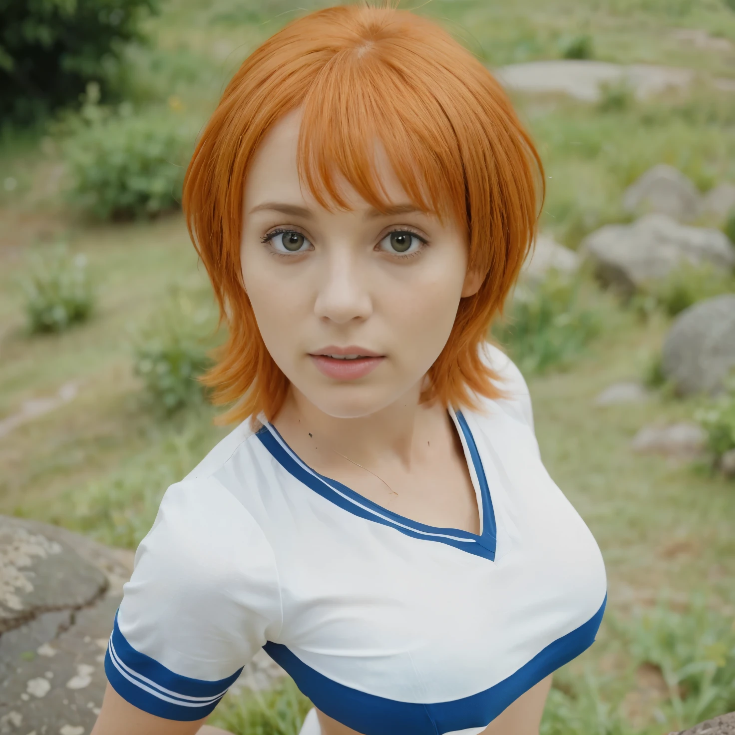 (masterpiece), (realistic), (ultra detailed), ( high reest quality), (photorealistic), (perfect face), (perfect anatomy), woman, female, solo, Swede, Swede , nami from one piece, nami, short haircut, orange hair, short haircut with side bangs, wearing a white shirt, wearing blue shorts, the character's mouth is open in shock, ((The character is standing on a rocky ground))