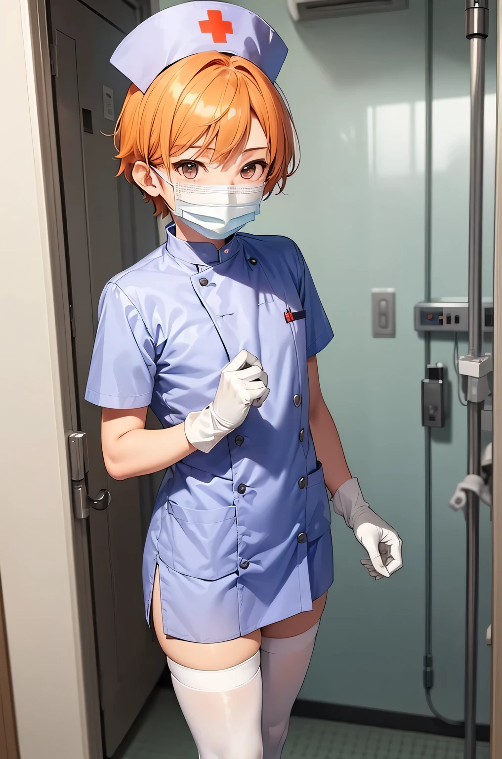 1 boy, alone, male focus, nurse, nurse cap, Whiteware, ((white legwear, zettai ryouiki)), white gloves, short hair, orange hair, ((White surgical mask, Covered nose)), Are standing, ((hospital room)), sharp outline, short sleeve, Shota, , highest quality, masterpiece