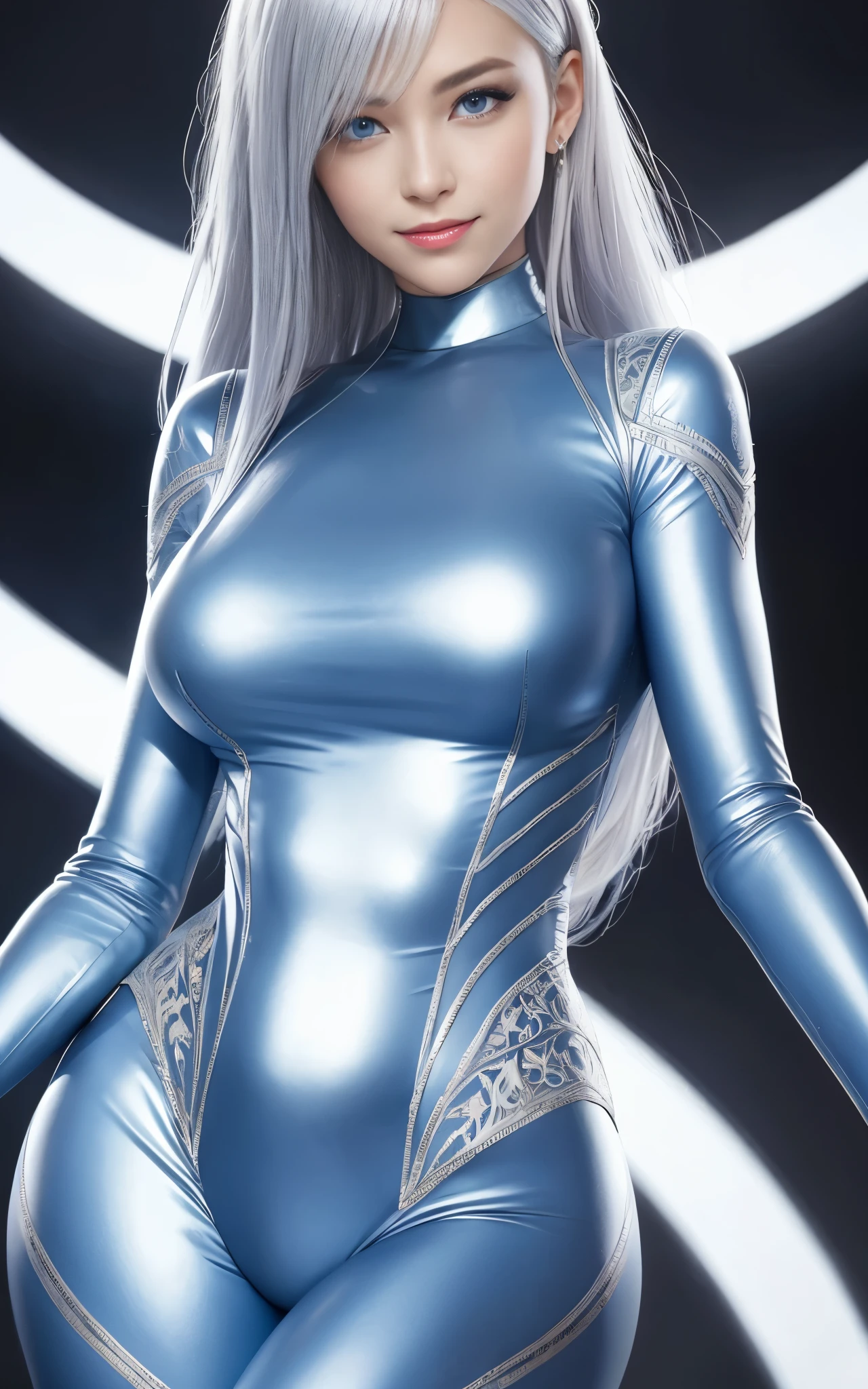 blue eyes, stunning proportions, smile, photorealistic, a beauty girl, skin fit bodysuit, silver hair, intricate details, large breasts, zero suit