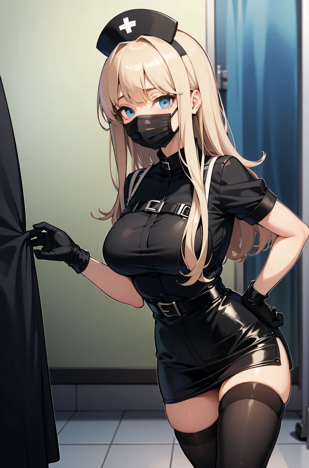 black nurse, 1 female, alone, black nurse cap, Black Wear, ((black legwear, zettai ryouiki)), black elbow gloves, blonde hair, blue eyes, ((Black surgical mask, Covered nose)), Are standing, ((operating room)), sharp outline, short sleeve, mature woman, 35 years old, highest quality, masterpiece