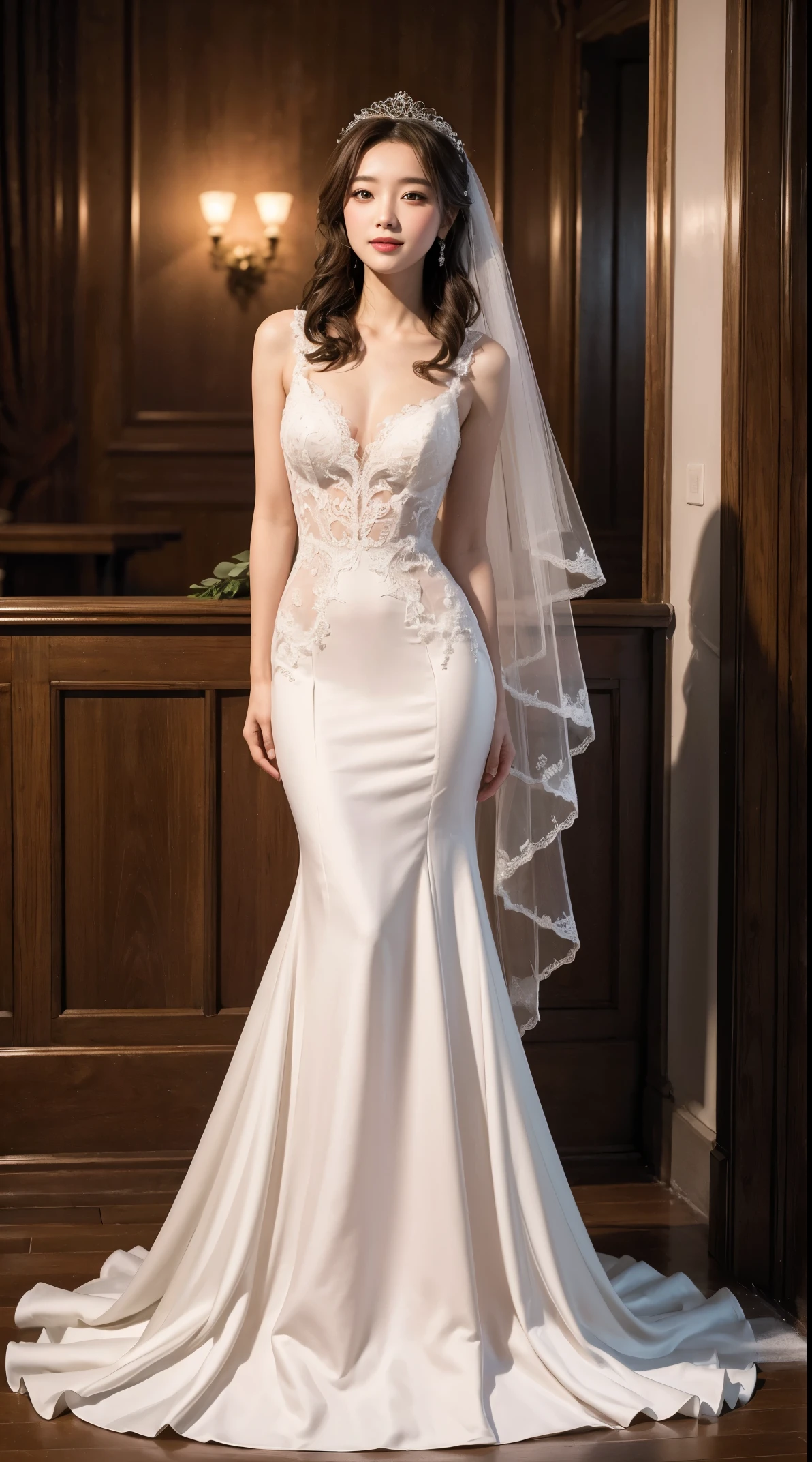 (best quality, high definition, masterpiece:1.2,), Illustration, night, 1girl, full body, (wedding dress), arm behind back, waiting for kiss, looking at viewer, happy, blush,