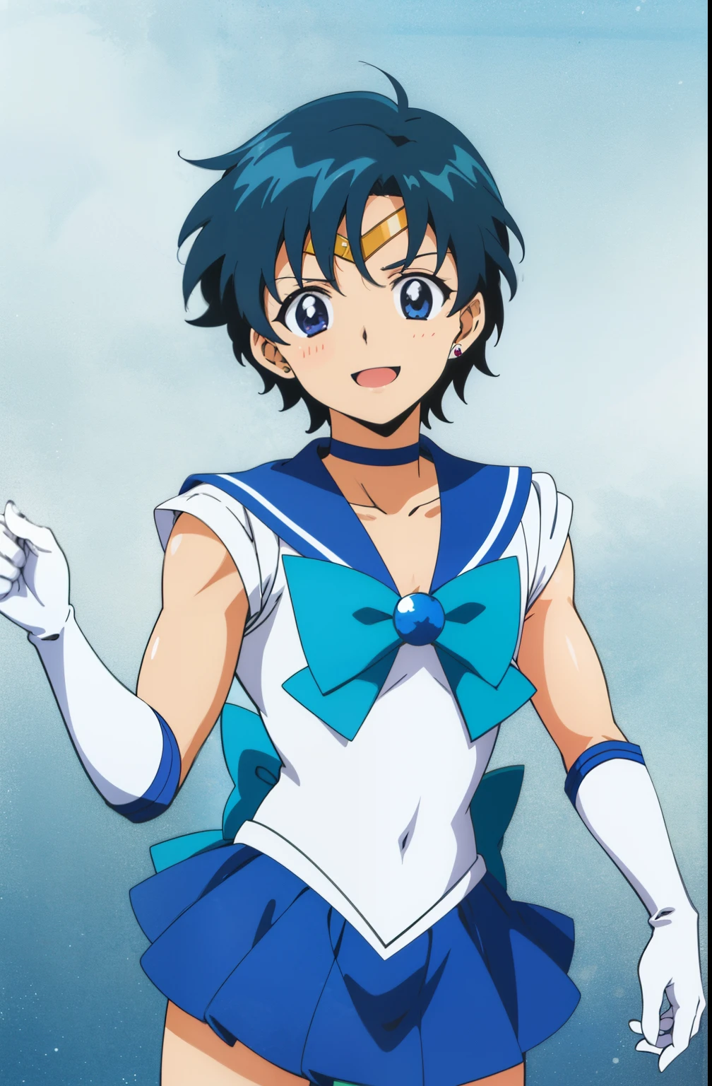 Top Quality Anime Art、masterpiece、high definition anime art、アニメstyle4K、High resolution、anime boy、Junior high school boys、blue choker、solo、Sailor Senshi Uniform、Very short blue-haired boy、Blue-eyed boy、white gloves、elbow bag、blue sailor collar、Sky blue bow tie、Magical Boy、Strong muscles、jewelry、smile、mouth open、back_bow、Golden Circlet、Muscular and strong、white leotard、high leg leotard、white dress、blue_bow、sky blue_bow、white_bow、earrings、skirt、brooch、collarbone、blue skirt、mini skirt、pleated skirt、blue background、white background、公式アートstyle、muscular man、Bare shoulders、bare legs、(1990s\(style\):0.9)、
