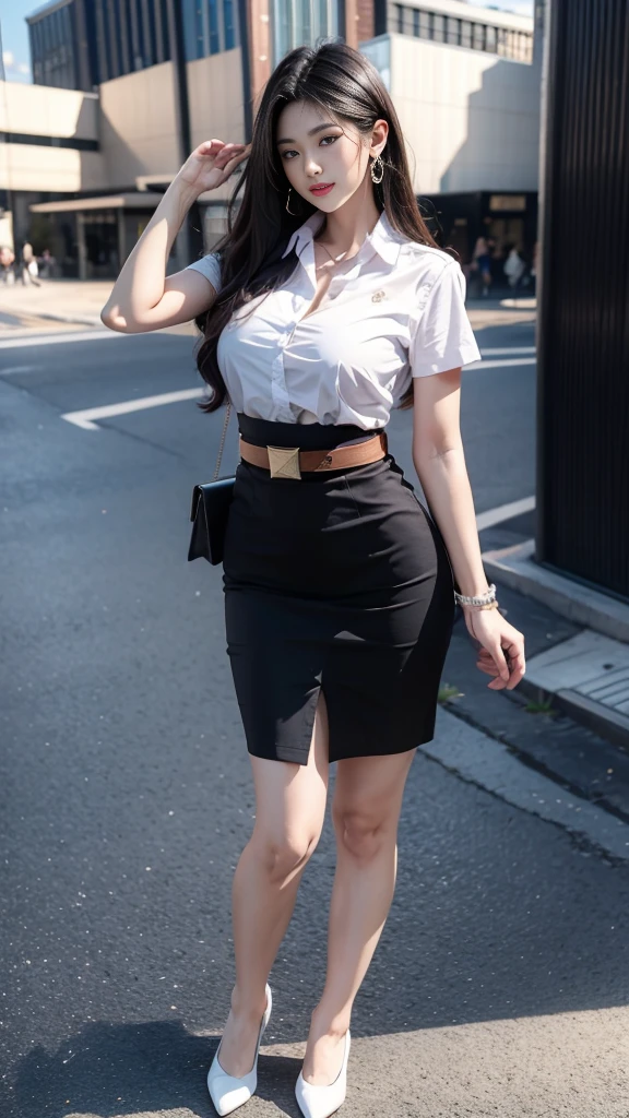 ผู้หญิงลูกครึ่งญี่ปุ่น-เกาหลีที่charming, charming, charmingน่าหลงใหล, Beautiful makeup, [Bright red lips], [ผมblack, long hairมาก, straight hair, long hair, The wind is blowing], [Beautiful Woman, The texture is realistic., elegant, big girl, dynamic gesture], [เสื้อเชิ้ตแขนshortสีขาว เสื้อบางและมองเห็นผิวSkinได้], [The chest is clearly visible., Huge breasts, Seeing the chest mound., You will see a pile of milk., Breast augmentation], [pencil skirt, Skin, black, short, women belt, Student Belt], [Symmetrical shape, sexy figure, รองเท้าส้นสูงblackสนิท], [earring, Put on a watch, women&#39;s jewelry], full body photo, Look at every part of the body., University building backdrop