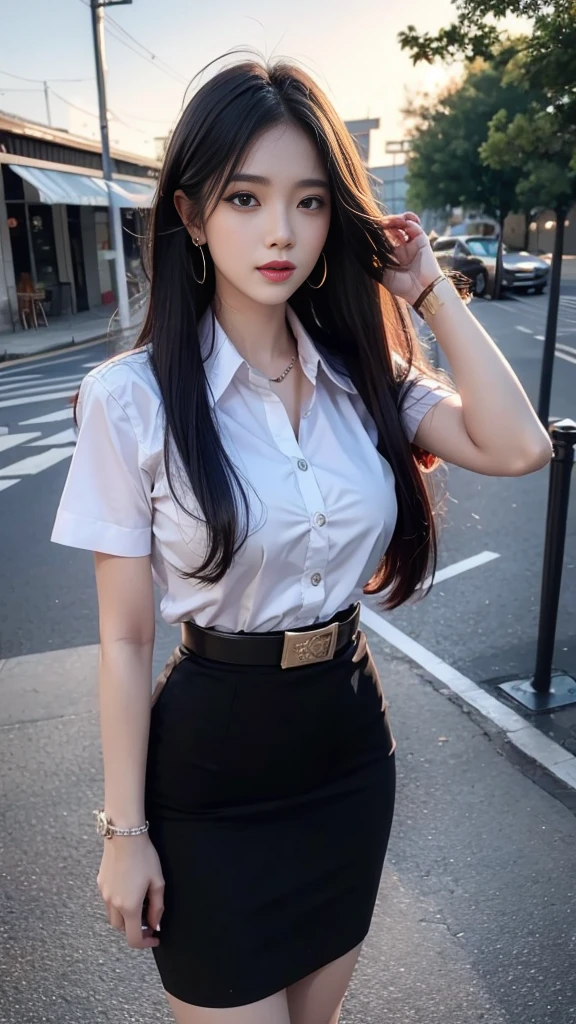 ผู้หญิงลูกครึ่งญี่ปุ่น-เกาหลีที่charming, charming, charmingน่าหลงใหล, Beautiful makeup, [Bright red lips], [ผมblack, long hairมาก, straight hair, long hair, The wind is blowing], [Beautiful Woman, The texture is realistic., elegant, big girl, dynamic gesture], [เสื้อเชิ้ตแขนshortสีขาว เสื้อบางและมองเห็นผิวSkinได้], [The chest is clearly visible., Huge breasts, Seeing the chest mound., You will see a pile of milk., Breast augmentation], [pencil skirt, Skin, black, short, women belt, Student Belt], [Symmetrical shape, sexy figure, รองเท้าส้นสูงblackสนิท], [earring, Put on a watch, women&#39;s jewelry], full body photo, Look at every part of the body., University building backdrop