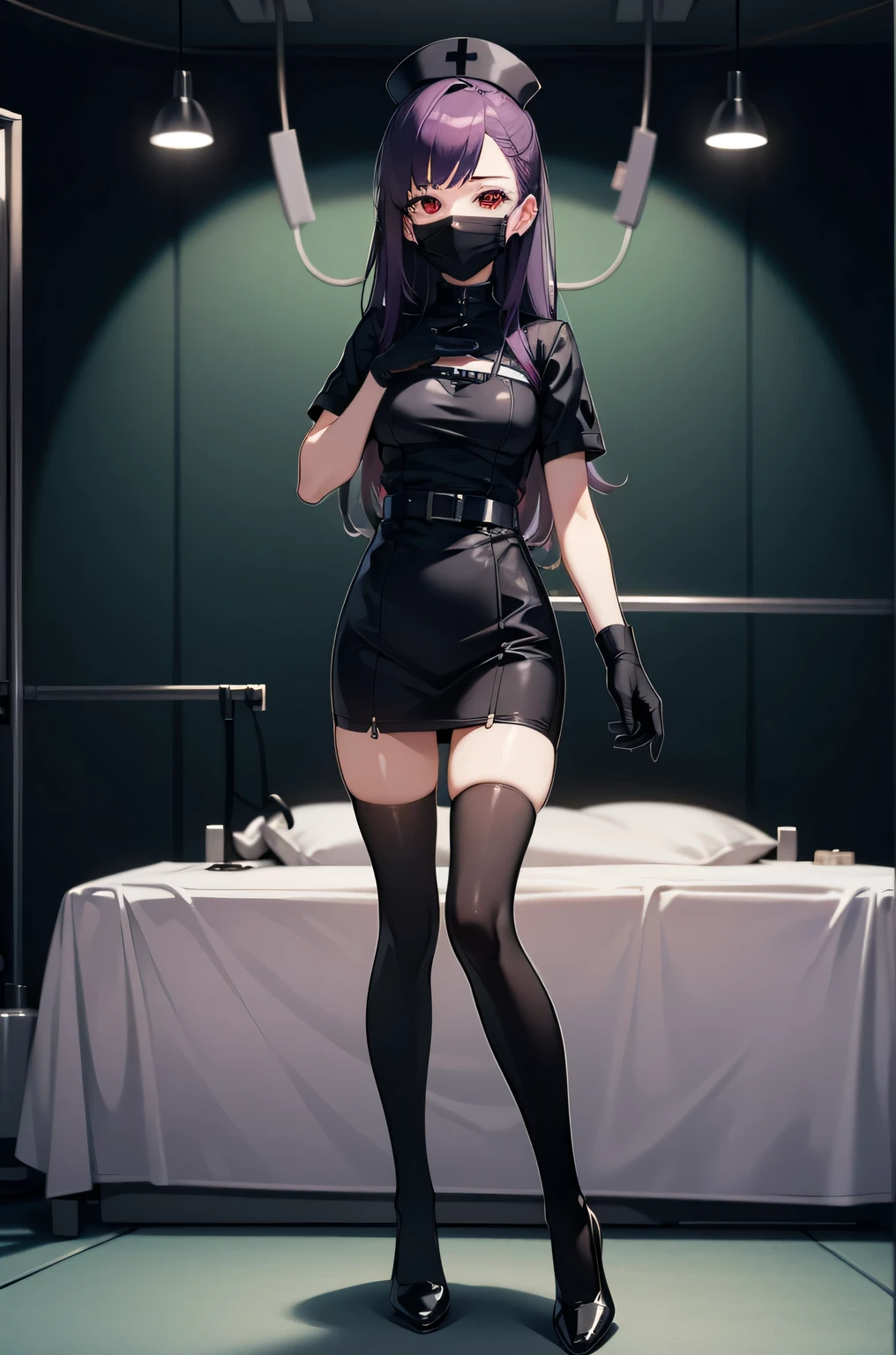 black nurse, 1 female, alone, black nurse cap, Black Wear, ((black legwear, zettai ryouiki)), black elbow gloves, long hair, purple hair, red eyes, ((Black surgical mask, Covered nose)), Are standing, ((operating room)), sharp outline, short sleeve, mature woman, 35 years old, highest quality, masterpiece