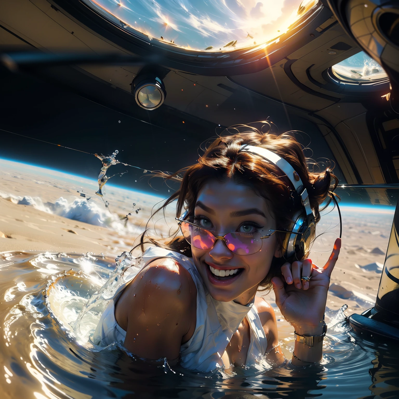 Astronaut style white and gold trim bikini (breast) and clear helmet, with a group of soldiers behind her, beautiful sci-fi art, beautiful smile, Girl is half way submerged in a small pool of water, Girl is wearing Hightech headphones, Girl is wearing reflexive sunglasses, waiting for a kiss, turning and looking at the camera, space warrior, sunrise over solar punk city, stoner rock, mars invasion, epic album art cover, sexy movie photo, cinemascope panorama, high stylized and 1940’s poster, cosmic style, 8k cinematic, golden ratio, cosmic mayhem, light particles, wet look, golden hour, realistic, masterpiece, highest quality, lens flare, shade, bloom, [[chromatic aberration]]