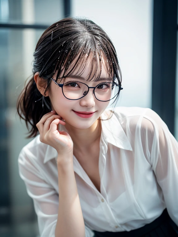 (8k, RAW photo, best quality, masterpiece, ultra detailed:1.2) (realistic:1.4) soft light (close up:1.2)

1 Japanese idol (extremely detailed face, perfect eyes:1.2) (black frame glasses:1.5) detailed black low ponytail, pale skin, looking at viewer, smile, cute pose, tilting head, (white formal shirt) medium breasts, (wet see-through clothes:1.3) navy skirt, skirt lift, white panties, blurred background, beach, sunny