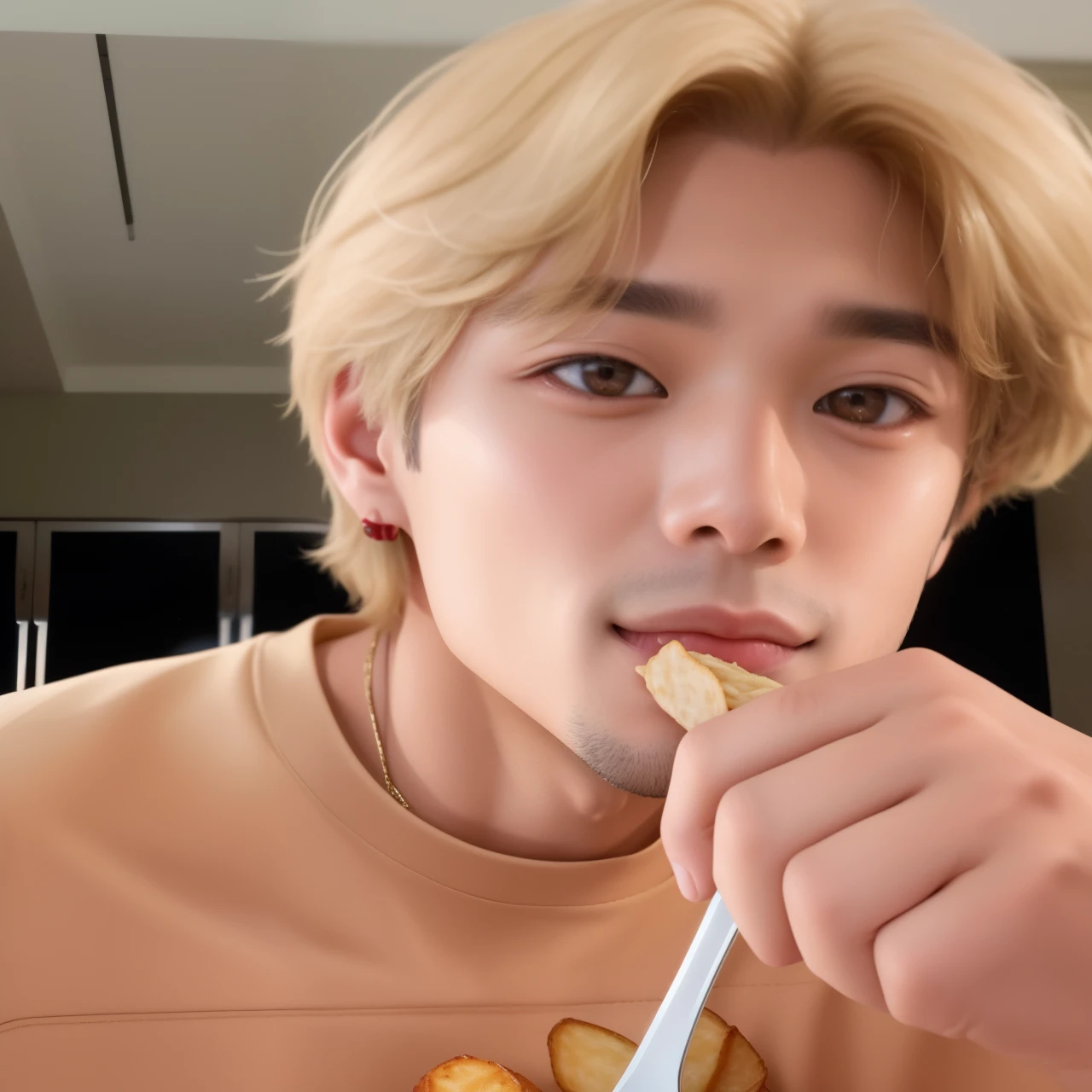Masterpiece, ((Very beautiful man)), ((High resolution)), detailed, Delicate depiction of hair, Nobody is here, Beautiful Nose, Beautiful Eyes, (Licking the ice cream off the floor with the tip of his tongue), Simple flooring, Muscular, Lewd, (blush)