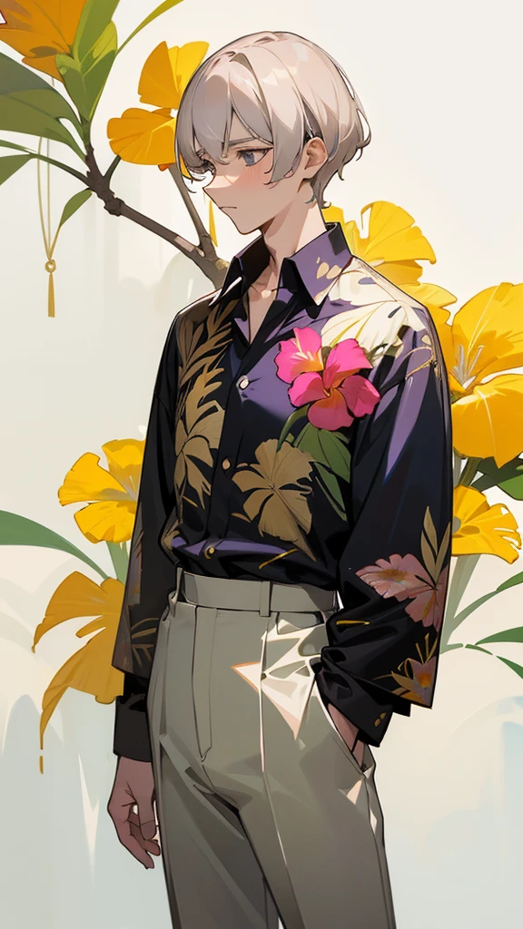 a man in a white shirt and black pants standing, with hawaiian shirt, dries van noten, elegant tropical prints, intriguing outfit, absolutely gorgeous, loosely cropped, supple look, inspired by Alexander Mann, graphic print, by Vadym Meller, by Silvia Pelissero, very , very appealing, look, by Alexander Mann, hawaiian shirt