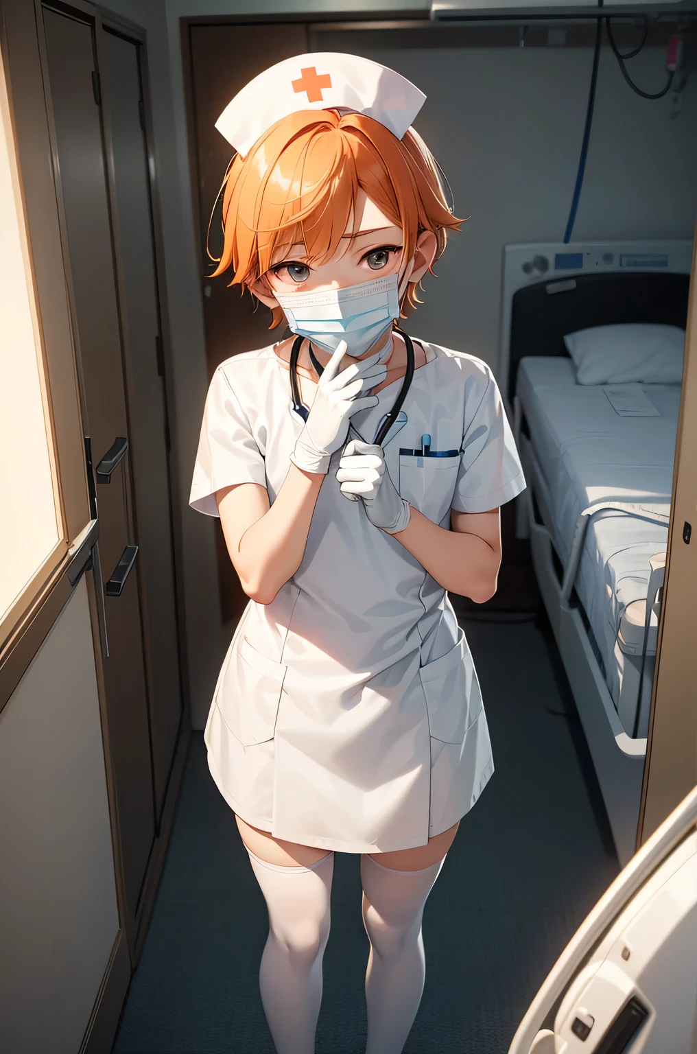 1 boy, alone, male focus, nurse, nurse cap, Whiteware, ((white legwear, zettai ryouiki)), white gloves, short hair, orange hair, ((White surgical mask, Covered nose)), Are standing, ((hospital room)), sharp outline, short sleeve, Shota, , highest quality, masterpiece