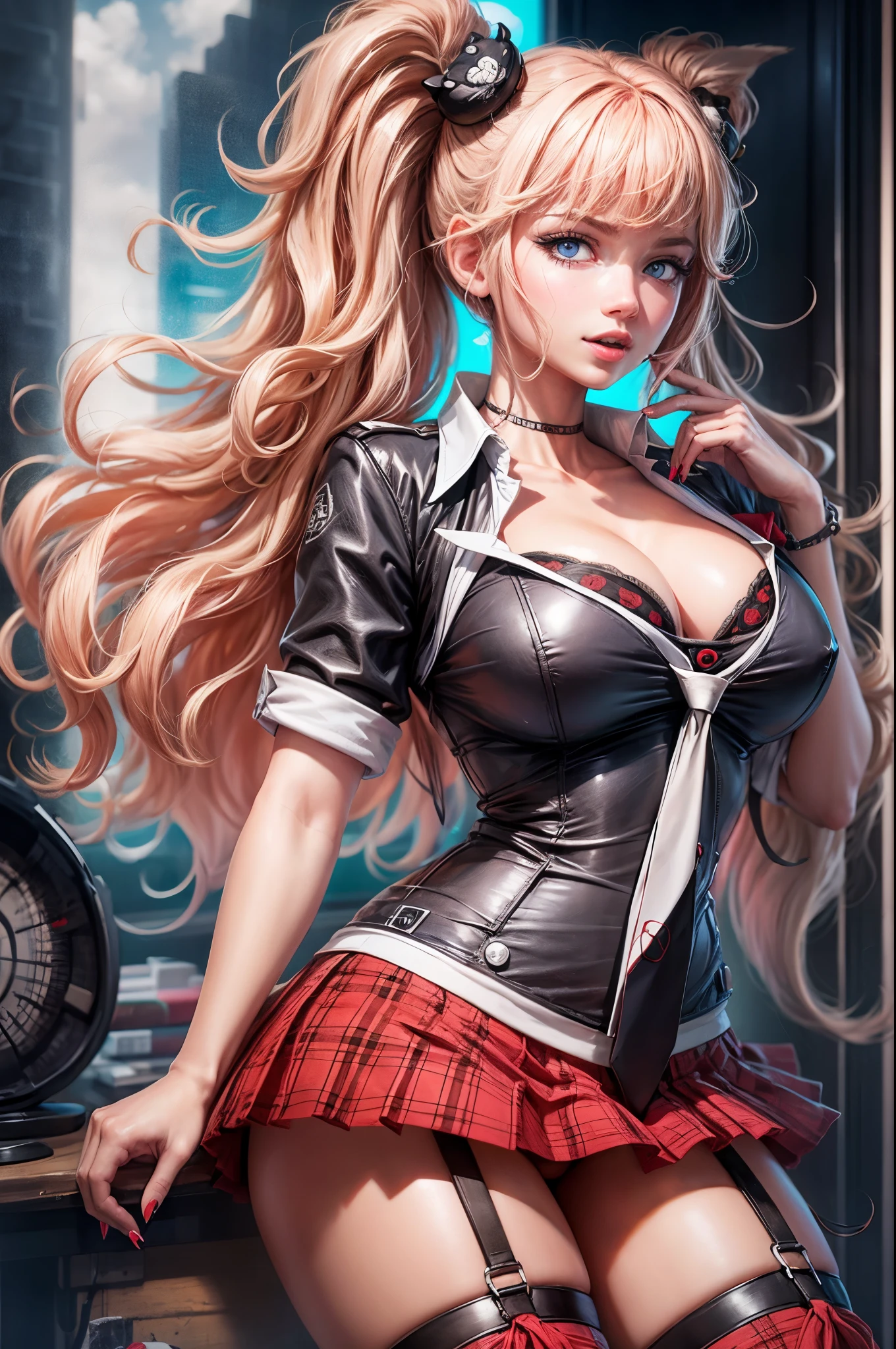 Best Quality, Realistic, Realistic, Award-Winning Illustrations, (Intricate Details: 1.2), (Fine Details), (Intricate Details), (Cinematic Light, Best Quality Backlight), Clear Lines, Sharp Focus, Official Art, Unity 8k Wallpaper, Ridiculous, Incredibly Ridiculous, Fantasy Art, RTX,long hair, 1girl, hair ornament, twintails, solo, ???????, blue eyes, cleavage, bow, bear hair ornament, necktie, blonde hair, smile, bangs, ?????????????, looking at viewer, collarbone, shirt, nail polish, red bow, black shirt, ?????????, bra, skirt, choker, black bra, sleeves rolled up, white necktie, red nails, open mouth, pleated skirt, red skirt, shiny, teeth, ??????????????, miniskirt, shiny hair, upper body, school uniform, pink hair, boots, upper teeth only, plaid skirt, blush, knee boots, plaid, black footwear, cross-laced footwear, junko enoshima 