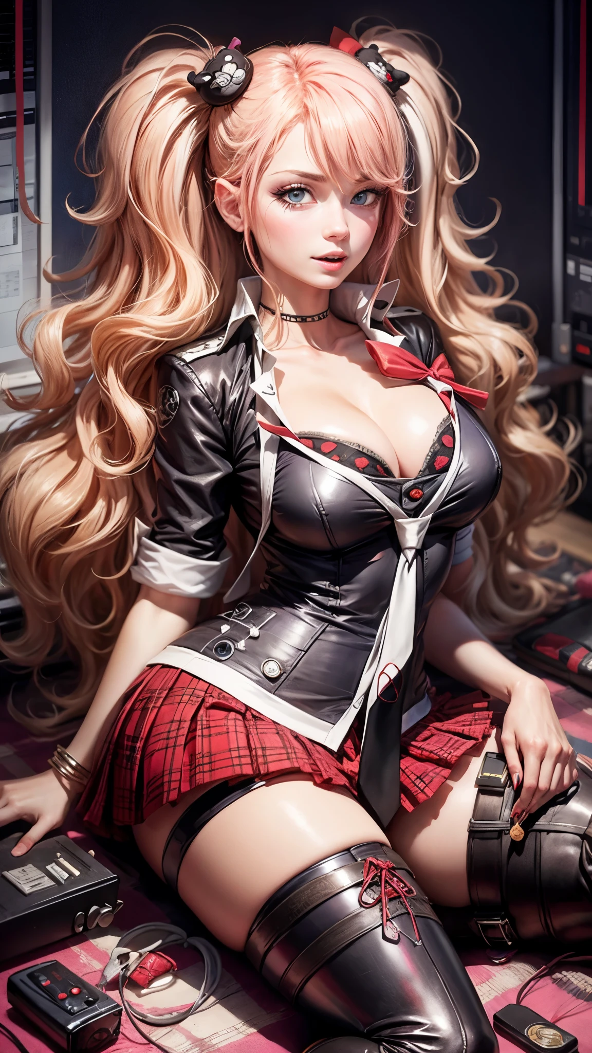 Best Quality, Realistic, Realistic, Award-Winning Illustrations, (Intricate Details: 1.2), (Fine Details), (Intricate Details), (Cinematic Light, Best Quality Backlight), Clear Lines, Sharp Focus, Official Art, Unity 8k Wallpaper, Ridiculous, Incredibly Ridiculous, Fantasy Art, RTX,long hair, 1girl, hair ornament, twintails, solo, breasts, blue eyes, cleavage, bow, bear hair ornament, necktie, blonde hair, smile, bangs, large breasts, looking at viewer, collarbone, shirt, nail polish, red bow, black shirt, underwear, bra, skirt, choker, black bra, sleeves rolled up, white necktie, red nails, open mouth, pleated skirt, red skirt, shiny, teeth, medium breasts, miniskirt, shiny hair, upper body, school uniform, pink hair, boots, upper teeth only, plaid skirt, blush, knee boots, plaid, black footwear, cross-laced footwear, junko enoshima